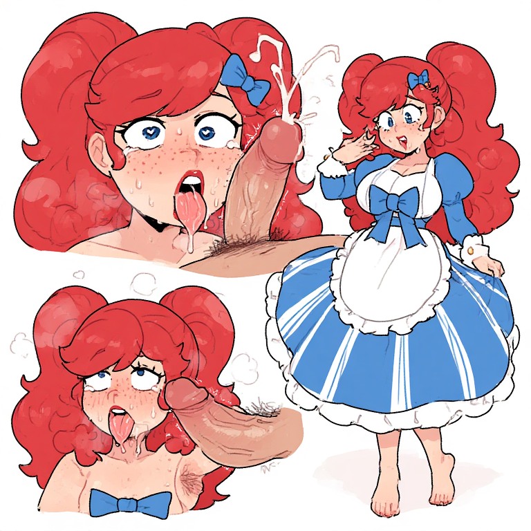 1boy, 1boy1girl, 1girls, ai generated, armpit hair, armpits, blush, dress, drooling, male/female, penis, poppy (poppy playtime), poppy playtime, pubic hair, red hair, salivsweat, sweating, thick ass, thick thighs, tongue, tongue out