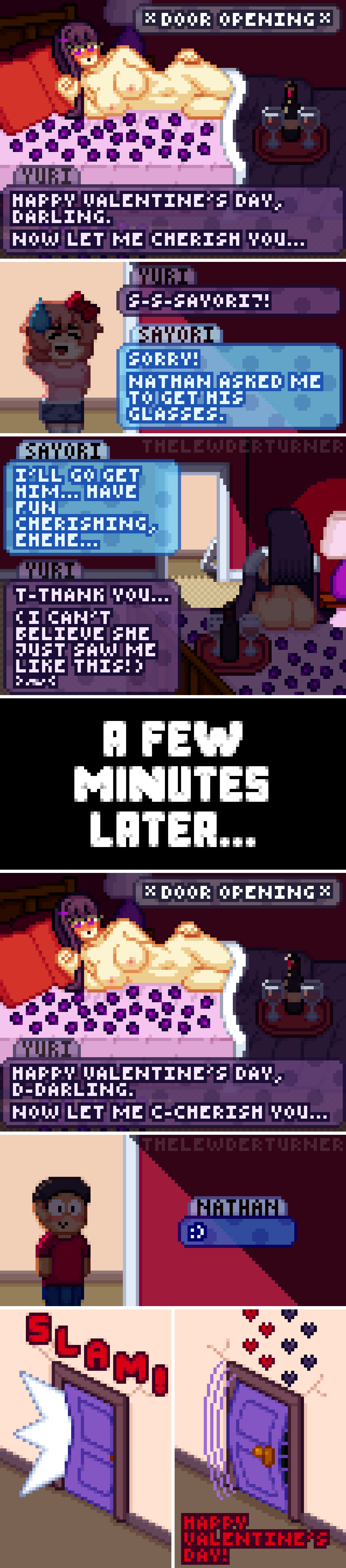 a_few_moments_later alternate_version ass ass_focus bed bedroom breasts caught caught_naked chibi comic comic_strip darkness ddlc_text_box dialogue dialogue_box doki_doki_literature_club embarrassed embarrassed_naked_female embarrassed_nude_female enf english english_text female hi_res highres imminent_sex lamp_light light long_hair naked nude pixel_art posing purple_eyes purple_hair rose_petals sayori_(doki_doki_literature_club) text text_box thelewderturner timeskip valentine's_day yuri_(doki_doki_literature_club)