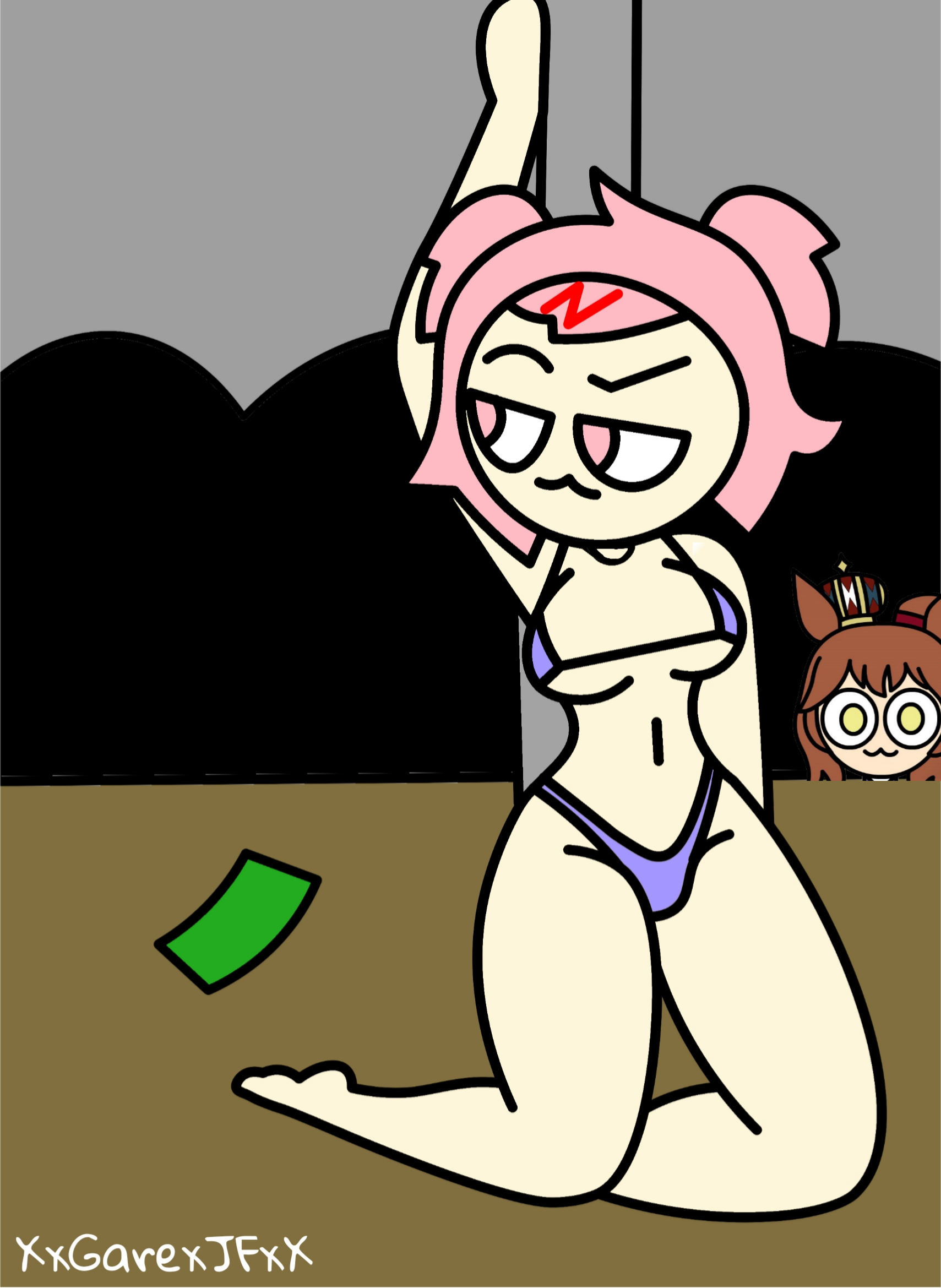:3, 2girls, aston machan (umamusume), audience, belly button, bikini, breasts, brown hair, crown, dancing, female focus, light skin, light-skinned female, looking at another, looking at viewer, micro bikini, money, multiple girls, natacha (the p-club), pink eyes, pink hair, pole dancing, strip dance, the p-club, thick thighs, twerking, umamusume pretty derby, xgarex, yellow eyes
