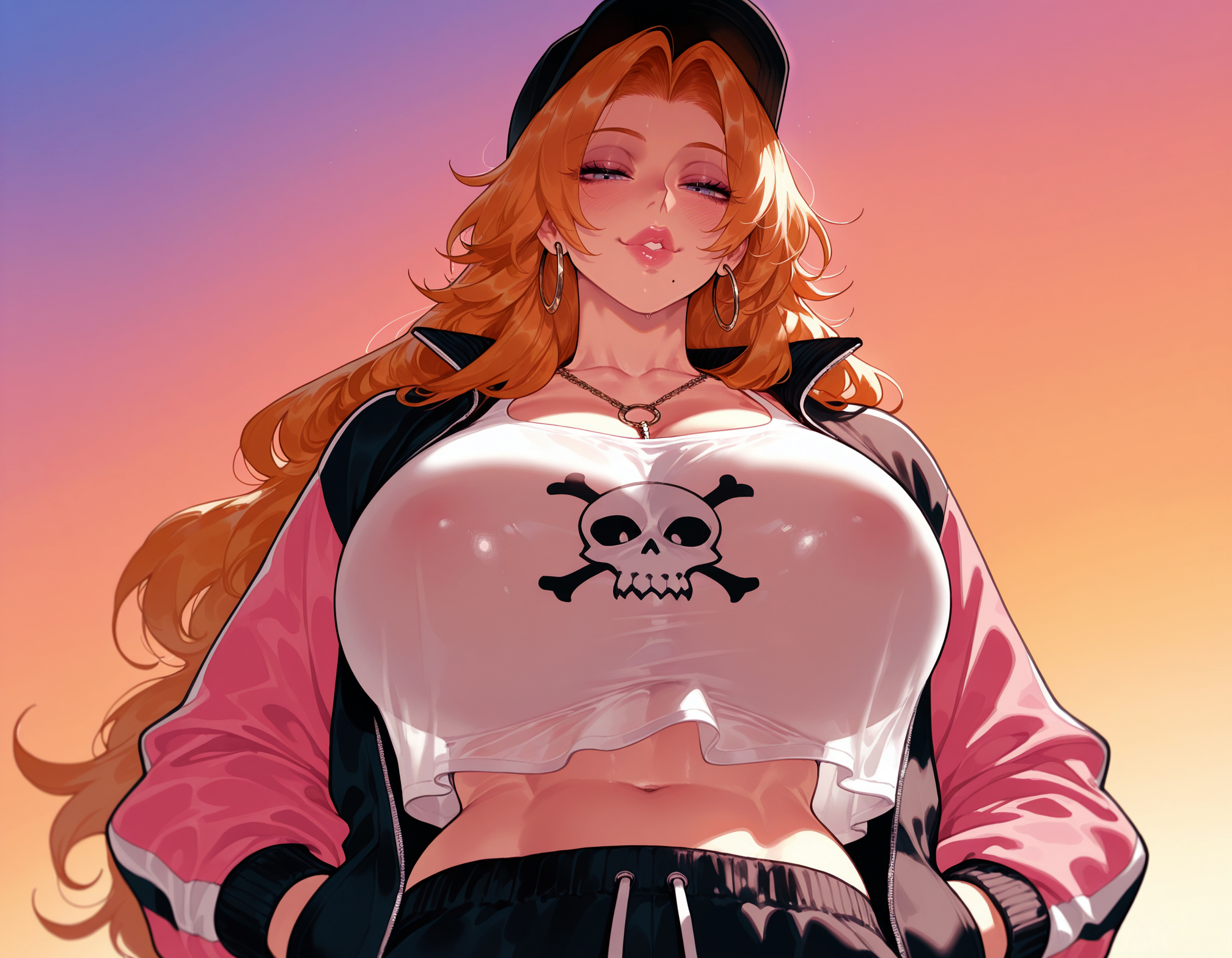 1girls, abs, ai generated, balecxi, black headwear, bleach, bleach: the thousand-year blood war, blue eyes, breasts, clothing, collarbone, covered nipples, crop top, crop top overhang, cropped shirt, curvaceous, curvaceous female, curvaceous figure, curvy, curvy figure, earrings, eyeshadow, female, female focus, female only, from below, gradient background, half-closed eyes, hands in pockets, hat, hoop earrings, huge breasts, inviting, jacket, jewelry, large breasts, lips, long hair, long sleeves, looking at viewer, looking down, makeup, matsumoto rangiku, mature female, midriff, mole, mole under mouth, navel, necklace, no bra, o-ring, open clothes, open jacket, orange hair, pants, parted bangs, parted lips, pink jacket, pink lips, presenting breasts, presenting self, seductive, seductive look, seductive smile, see-through, see-through shirt, shirt, skull, skull and crossbones, skull print, smile, solo, sunset, two-tone jacket, upper body, voluptuous, voluptuous female, wavy hair, white shirt
