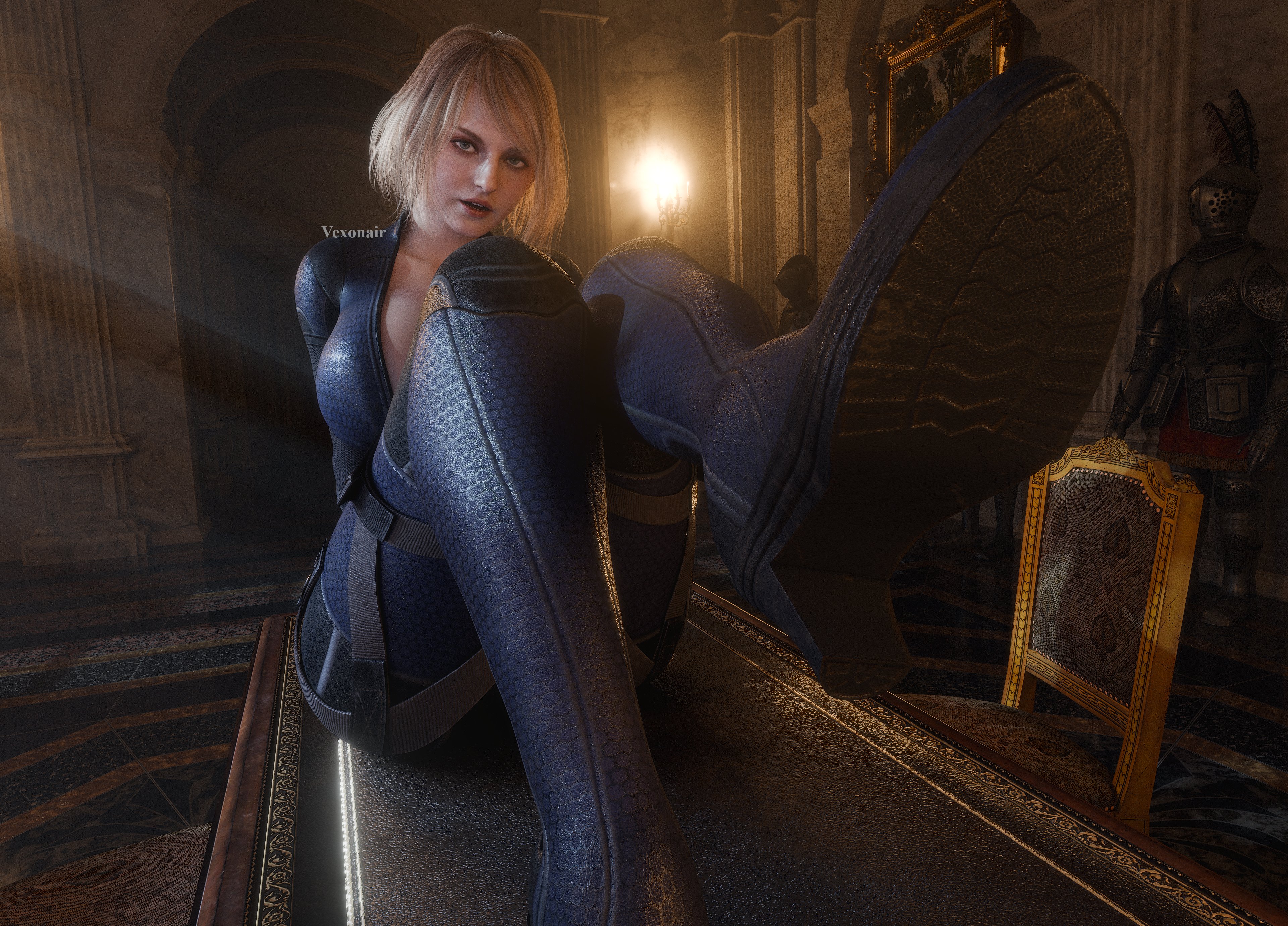1girls, 3d, 3d (artwork), 3d model, armor, ashley graham, ashley graham (ella freya), ass, black bodysuit, blonde hair, bodysuit, boots, breasts, capcom, chairs, curvaceous, curvaceous body, curvaceous female, curvaceous figure, curves, curvy, curvy body, curvy female, curvy figure, curvy hips, female, hair, heels, jill valentine bodysuit, light, lips, looking at viewer, resident evil, resident evil 4, resident evil 4 remake, shoes, sitting, skin tight, soles focus, solo, tight clothes, tight clothing, vexonair, video game character, video games