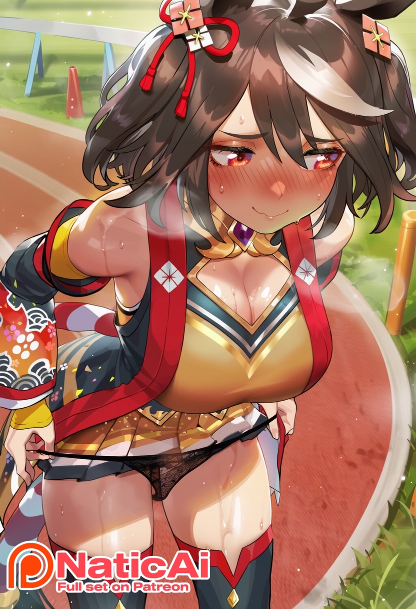 ahoge, ai generated, animal ears, armpits, big thighs, black hair, black thighhighs, blush, breasts, curves, curvy, curvy body, curvy figure, female, hair between eyes, hair ornament, horse ears, horse girl, japanese clothes, kimono, kitasan black (gilded shrine to glory) (umamusume), kitasan black (umamusume), large thighs, looking at viewer, multicolored hair, naticai, pussy, red eyes, removing panties, shiny skin, short hair, solo, sweat, thick thighs, thighhighs, umamusume, umamusume pretty derby, uncensored, voluptuous, white hair, wide hips