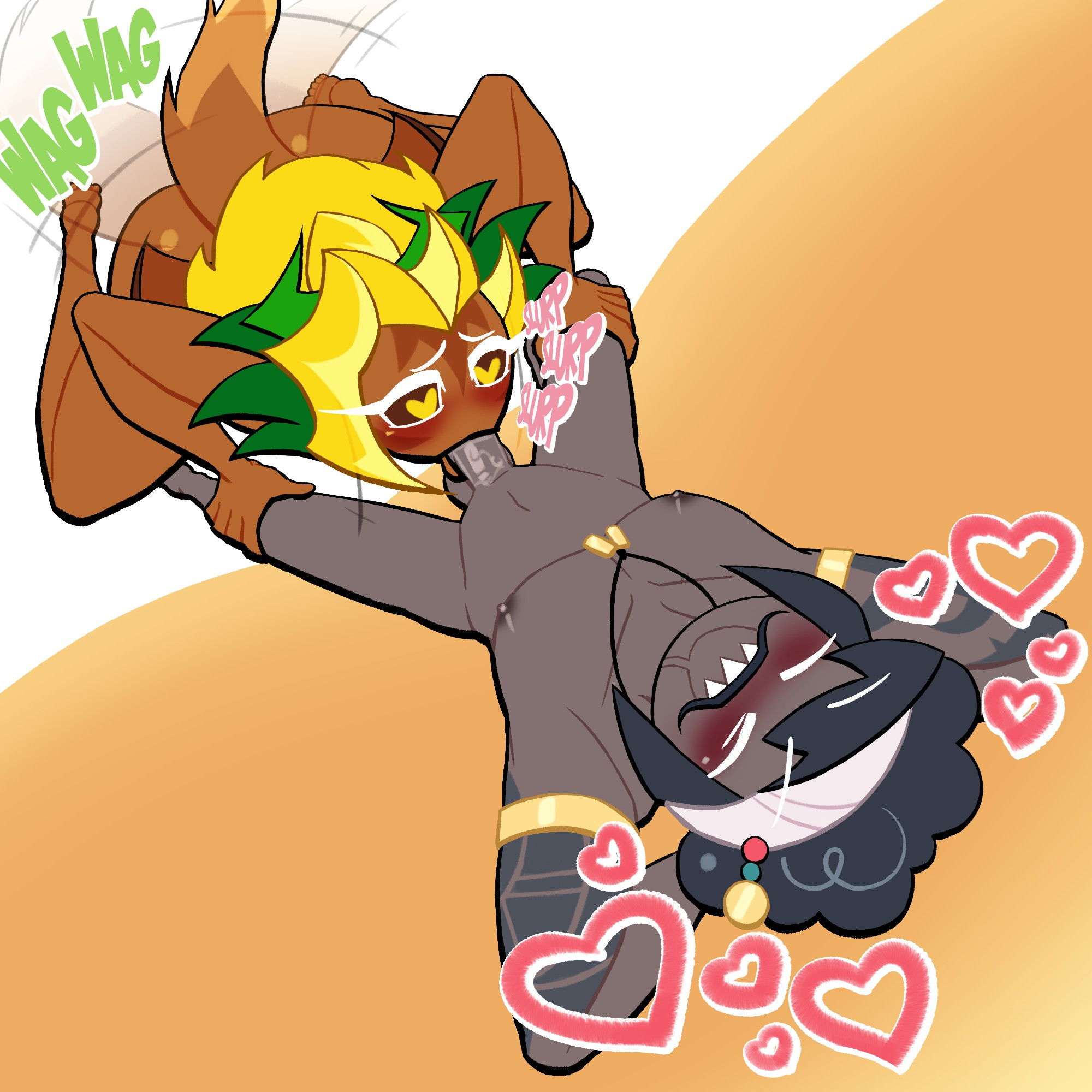 ananas dragon cookie, blowjob, captain caviar cookie, cookie run, cookie run kingdom, cookie run ovenbreak, dragon, heart-shaped pupils, lovetopullmicke, male, non-human, nonbinary, nonbinary (lore), nonbinary/male, oral, oral penetration, request, sucking penis