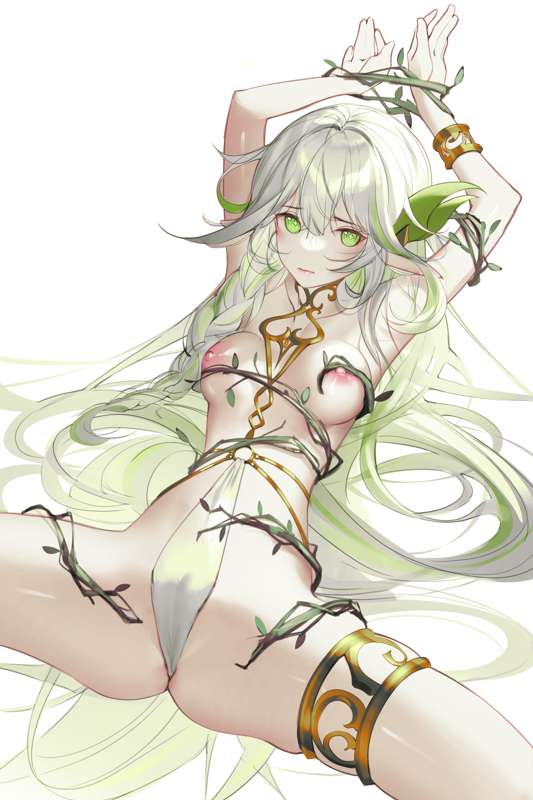 1girls, breasts, embarrassed, genshin impact, green eyes, green hair, hoyoverse, iumu, nature, nipples, ornament, restrained, room, rukkhadevata (genshin impact), white background
