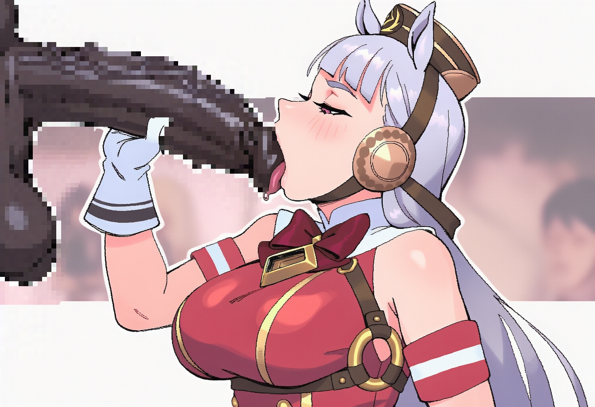 ai generated, animal ears, big penis, costume, dark-skinned male, ear muffs, female, gold ship (umamusume), horse girl, large breasts, licking penis, long hair, looking at penis, outfit, pink eyes, ribbon in hair, shobu-fuku (umamusume), silver hair, umamusume, umamusume pretty derby