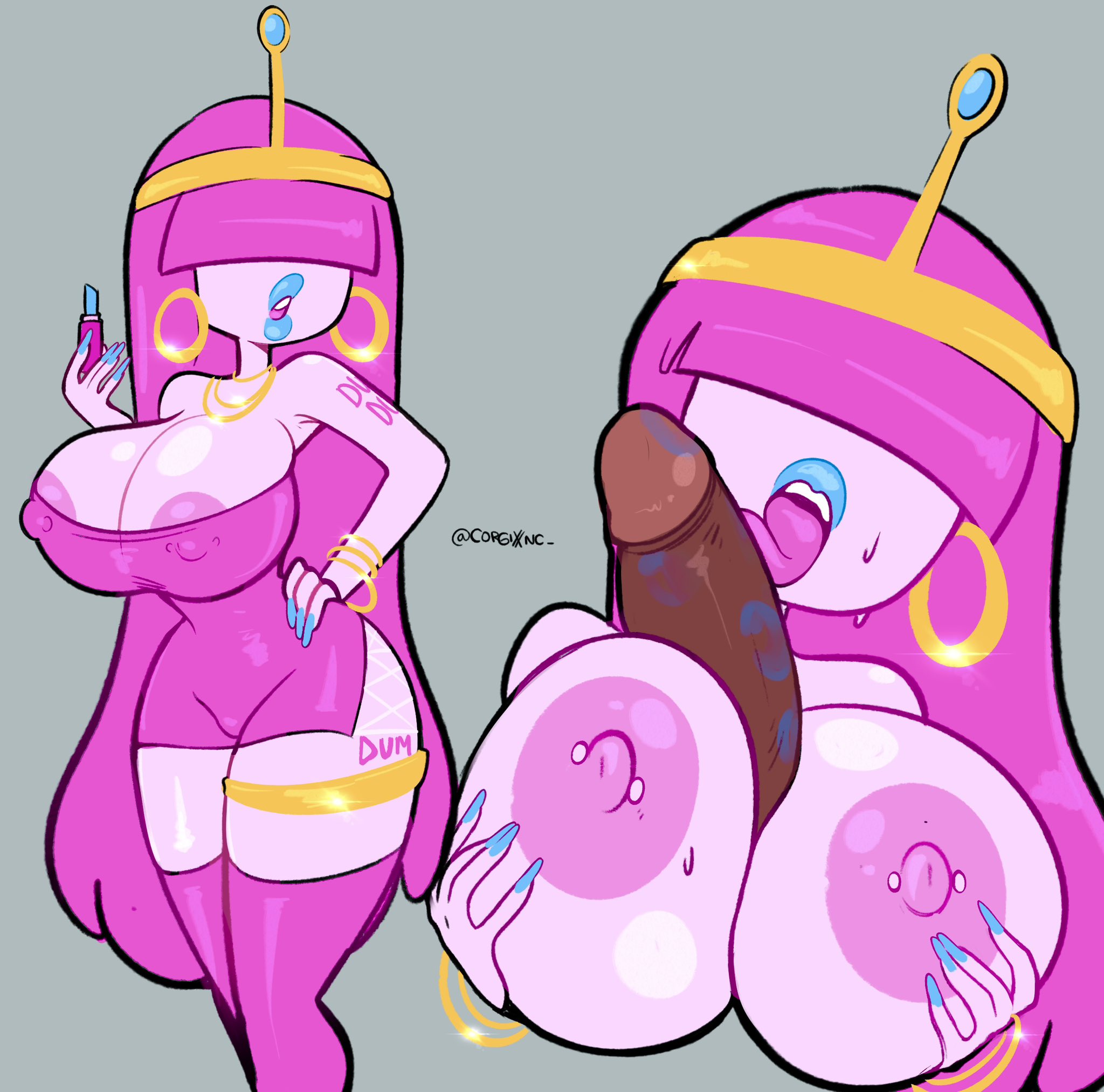 adventure time, bangs, bangs over eyes, bimbo, bimbogum, blue lipstick, cartoon network, corgixnc, dark-skinned male, ghetto, hair covering eyes, hbo max, hoop earrings, large breasts, lipstick, lipstick mark, lipstick on penis, nails, nipple piercing, princess bubblegum, sweating, titfuck, titjob