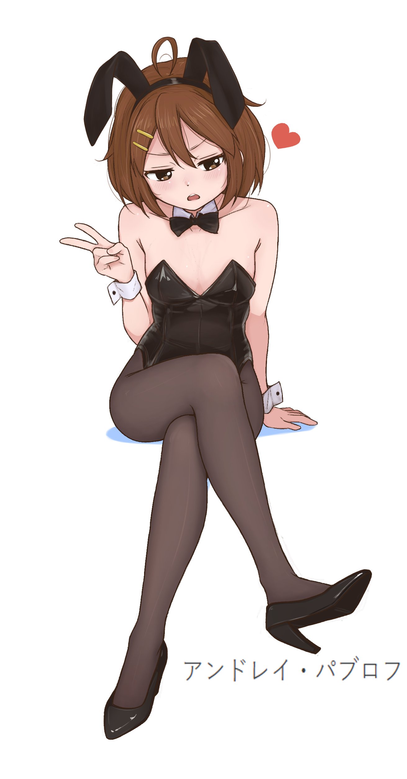 absurdres, ahoge, alternate costume, andrey pavlow, animal ear hairband, animal ears, annoyed, arm support, bare shoulders, black bow, black bowtie, black leotard, black pantyhose, black shoes, blush, bow, bowtie, breasts, brown eyes, brown hair, cleavage, commentary, crossed legs, dot nose, english commentary, fake animal ears, female, full body, hair ornament, hairband, hairclip, heart, high heels, highres, invisible chair, k-on!, leotard, looking down, open mouth, pantyhose, pillow shading, playboy bunny, rabbit ears, shoes, short hair, simple background, sitting, small breasts, solo, strapless, strapless leotard, teeth, upper teeth only, v, white background, wrist cuffs, yui hirasawa (k-on!)