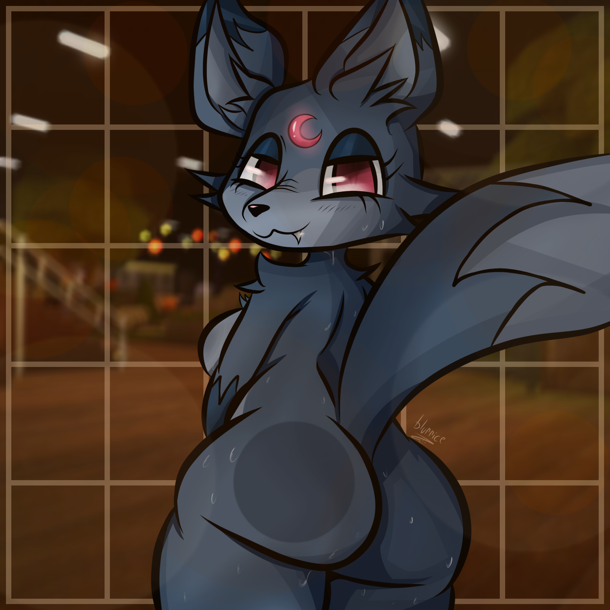 1girls, ass, ass focus, back view, blurrice (artist), dandy's world, eclipse (dandy's world), fur, furry, looking at viewer, looking back, roblox, solo female, sweat, sweating, wolf