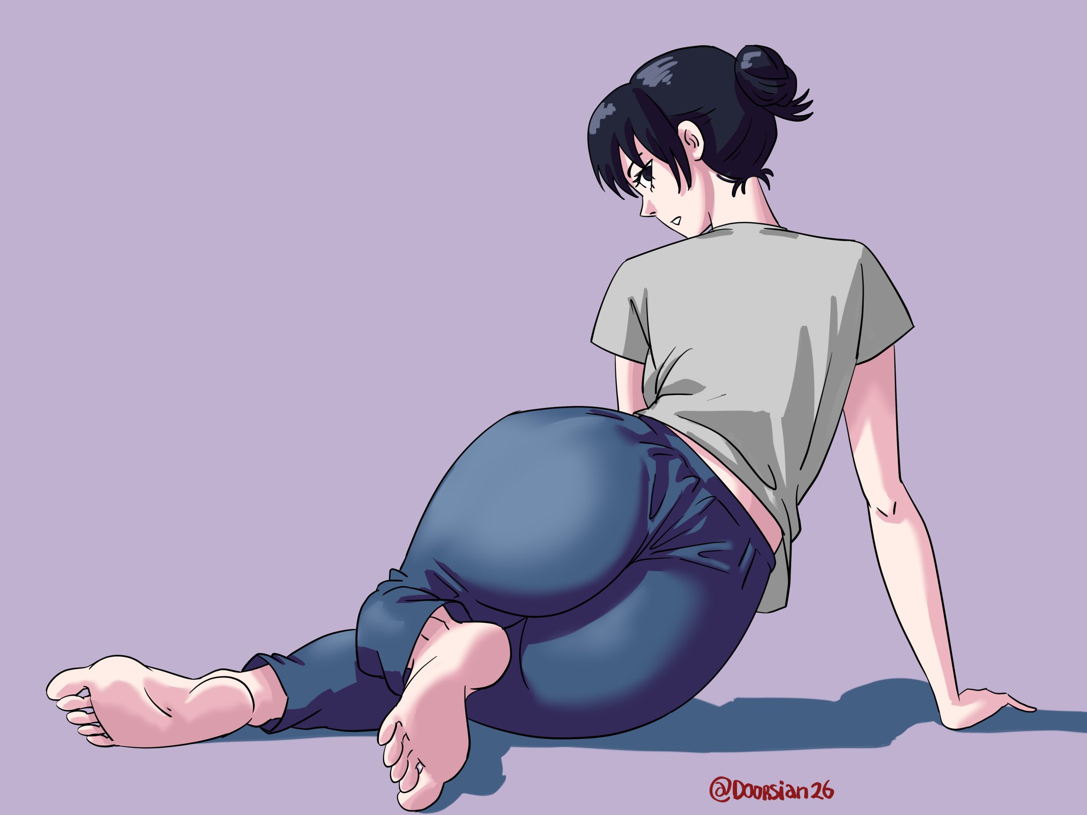 1girls, 2026, 2d, 2d (artwork), artist name, asa's mother, barefoot, big ass, big butt, black eyes, black hair, chainsaw man, clothed, clothed female, doorsian26, female, female only, looking at viewer, mature female, milf, paag, pinup, purple background, questionable, simple background, solo, solo female, twitter username, violet background