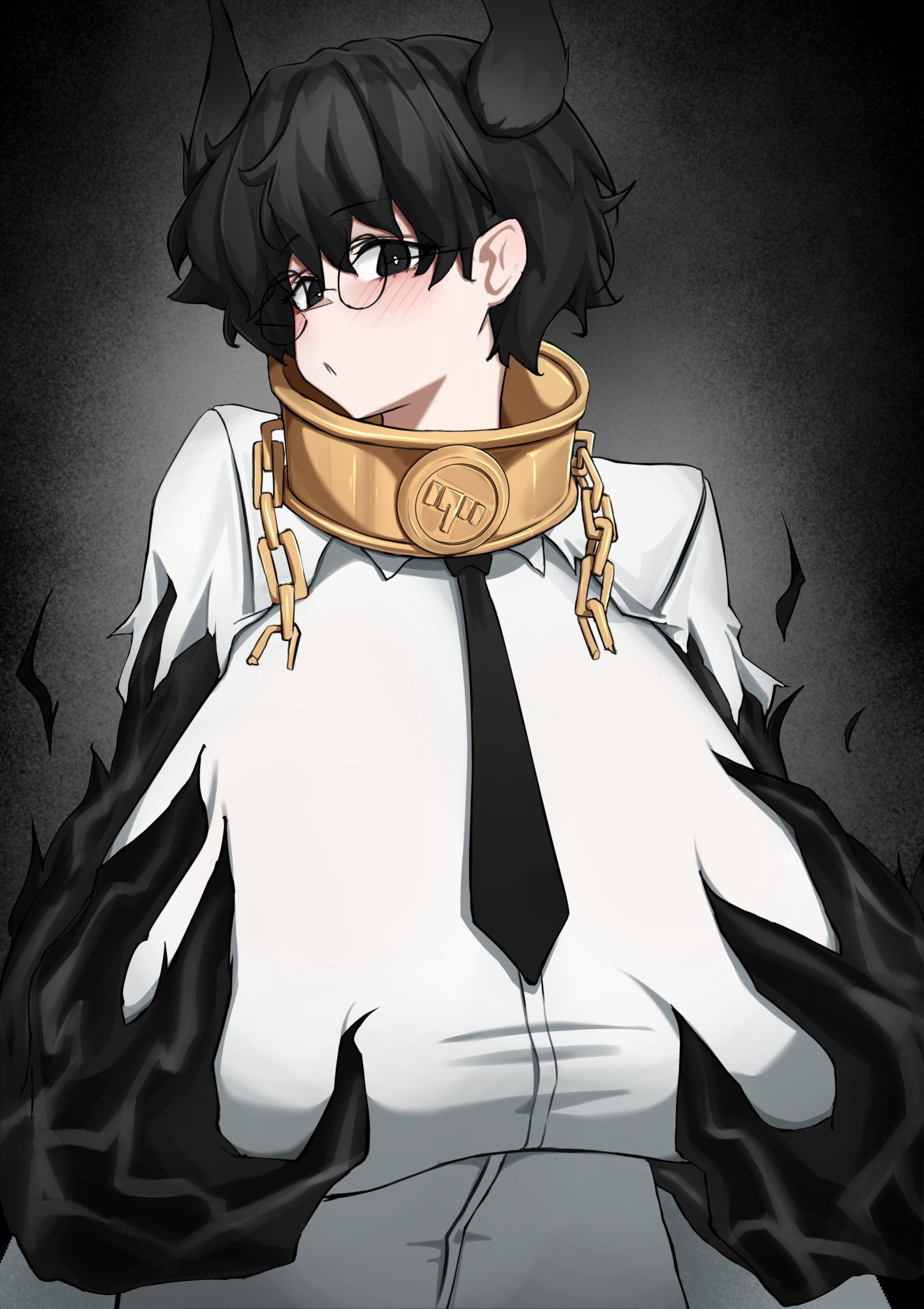 1girls, big hands, black eyes, black hair, breasts, female, female only, glasses, grope, holding breast, horns, huge breasts, k dhen, large breasts, light skin, light-skinned female, limbus company, looking at viewer, massive breasts, monster hands, necktie, project moon, self grope, short hair, sora (limbus company), suit, the index (project moon)