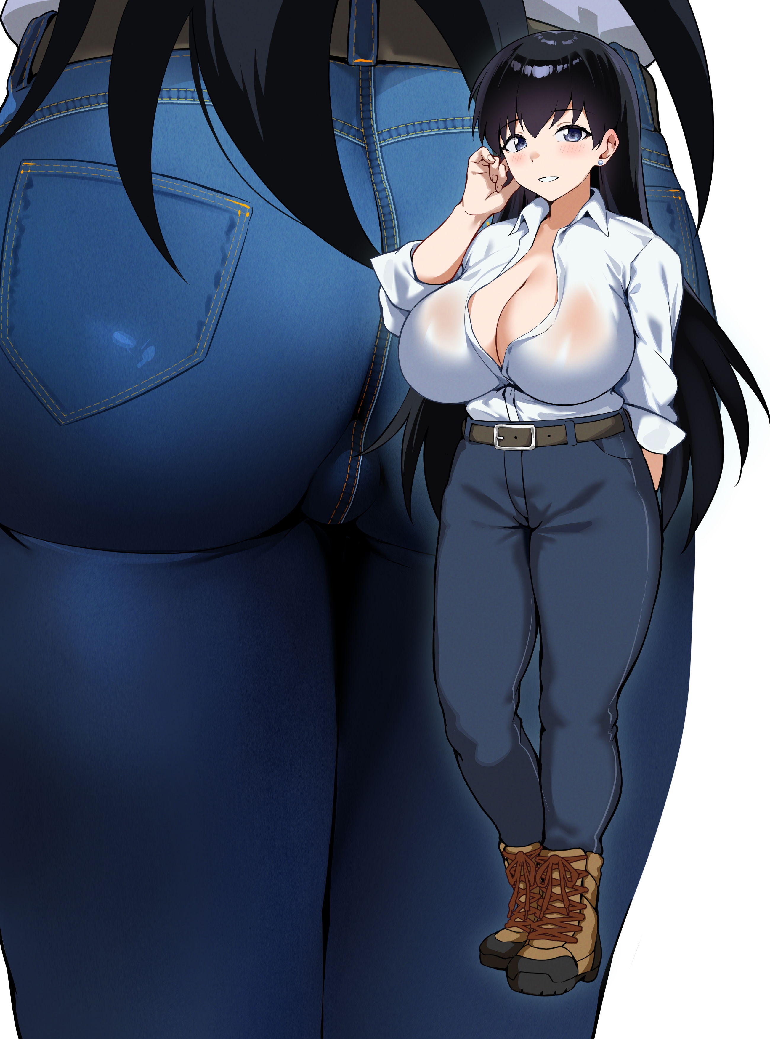 1girls, arato nagi, ass, belt, blue eyes, brown footwear, cleavage, ear piercing, eyebrows visible through hair, female, female focus, female only, full body, huge ass, jeans, jirusu, large breasts, looking at viewer, no bra, portrait, ruri no houseki, shirt, shoes, simple background, smile, solo, solo female, standing, very high resolution, very long hair, white background, white shirt