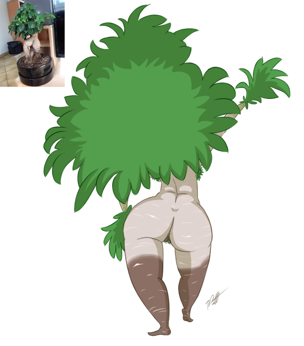 anthro anthrofied armpit_hair ass big_butt female flora_fauna markings photo_reference plain_background plant presenting presenting_hindquarters pubes pussy socks_(marking) solo timoteihiv tree unnamed_character waving white_background wide_hips