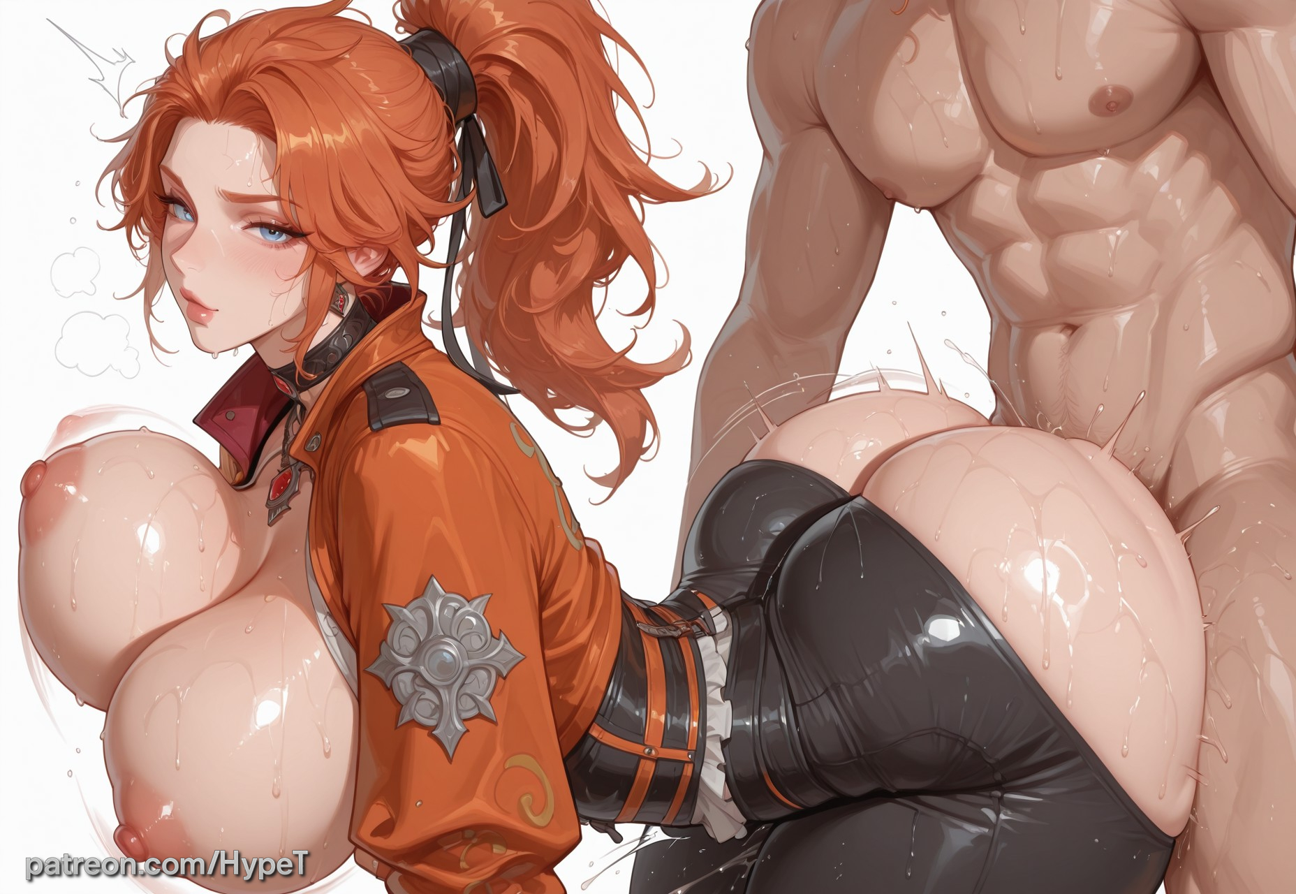 1boy, ai generated, alternate version at source, big ass, big butt, blue eyes, breasts, breasts out, elsa bloodstone, elsa bloodstone (marvel rivals), female, hypet, marvel, marvel rivals, motion lines, nipples, red hair, sex, sex from behind, shiny, shiny skin, side view, steam, steaming body, tagme, thick, thick ass, thick legs, thick penis, thick thighs, thighs, video game character, video games, white background