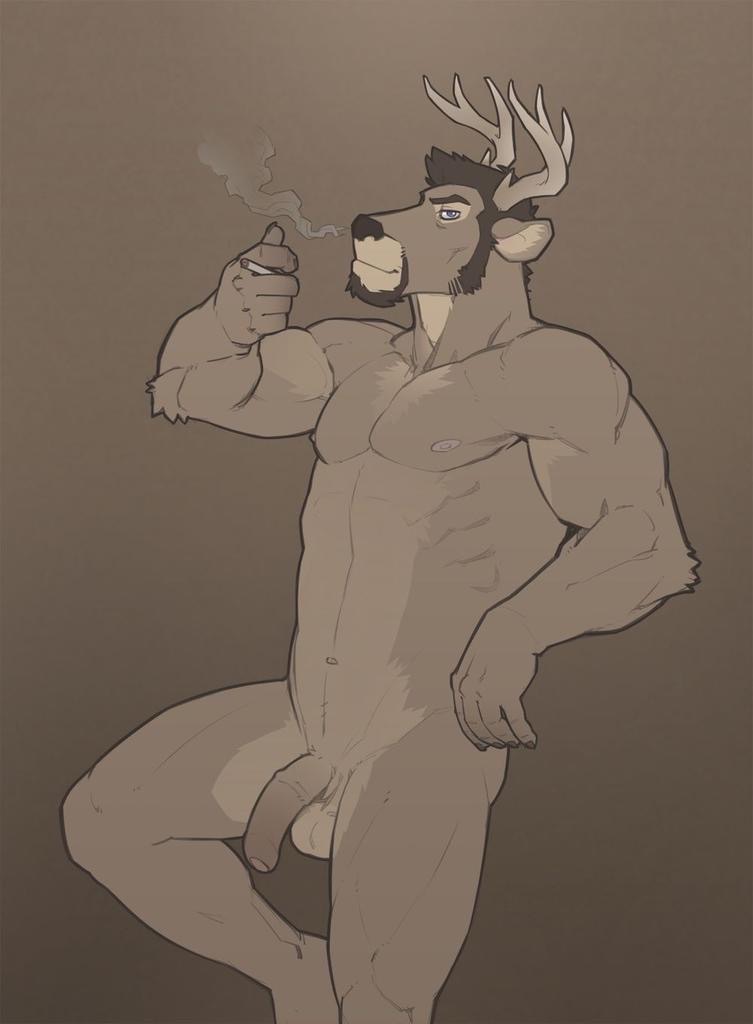 1boy anthro antlers balls biceps big_muscles big_penis black_nose bottomless bubba_varmint cervine clothed clothing deer facial_hair flaccid goatee half-dressed horn looking_at_viewer male male_only mammal medial_ring muscles nipples nude pecs penis smoking solo superslickslasher unaroused uncut