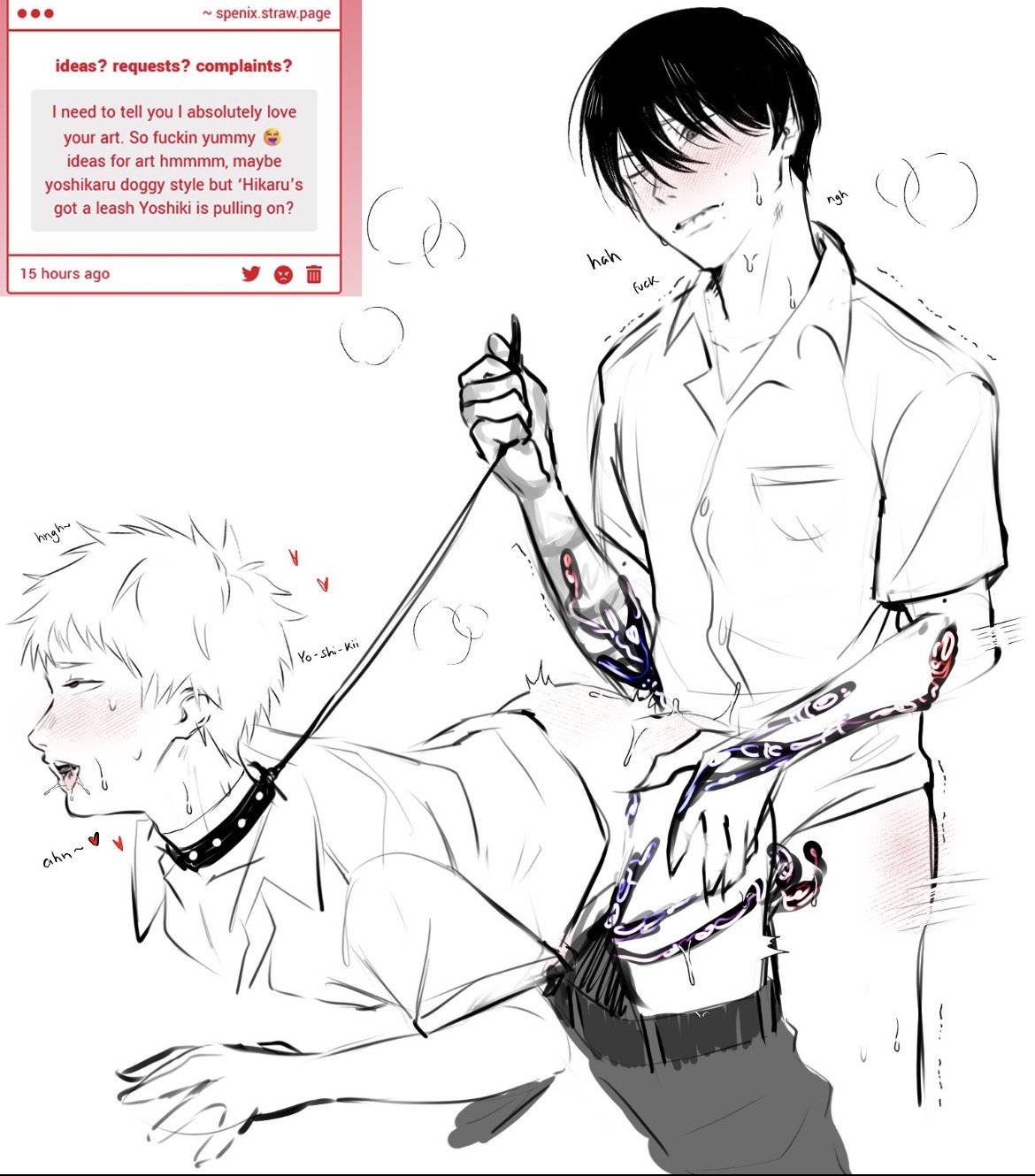 bending over, blush, collar, collar pull, gay, gay male, hikaru indou, indou hikaru, spenixthebig, the summer hikaru died, tsujinaka yoshiki, two males, yaoi, yoshiki tsujinaka
