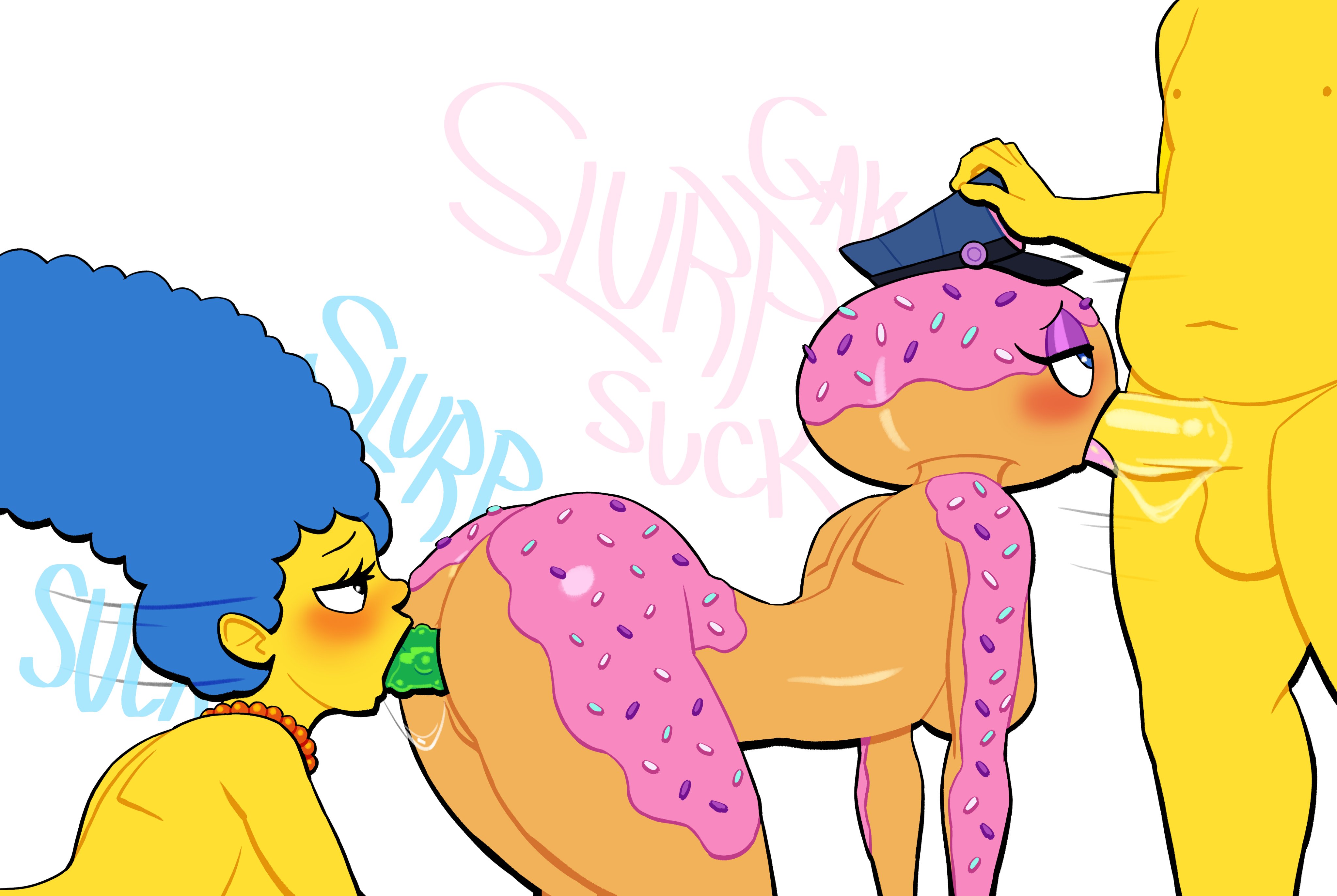 1boy, 2026, 2d, 2d (artwork), 2girls, blowjob, completely nude female, completely nude male, constable sprinkle, cop, cop hat, digital media (artwork), dildo, dildo in ass, dildo in mouth, food creature, food humanoid, fortnite, fortnite: battle royale, homer simpson, lovetopullmicke, marge simpson, oral, oral penetration, police, police hat, the simpsons, threesome