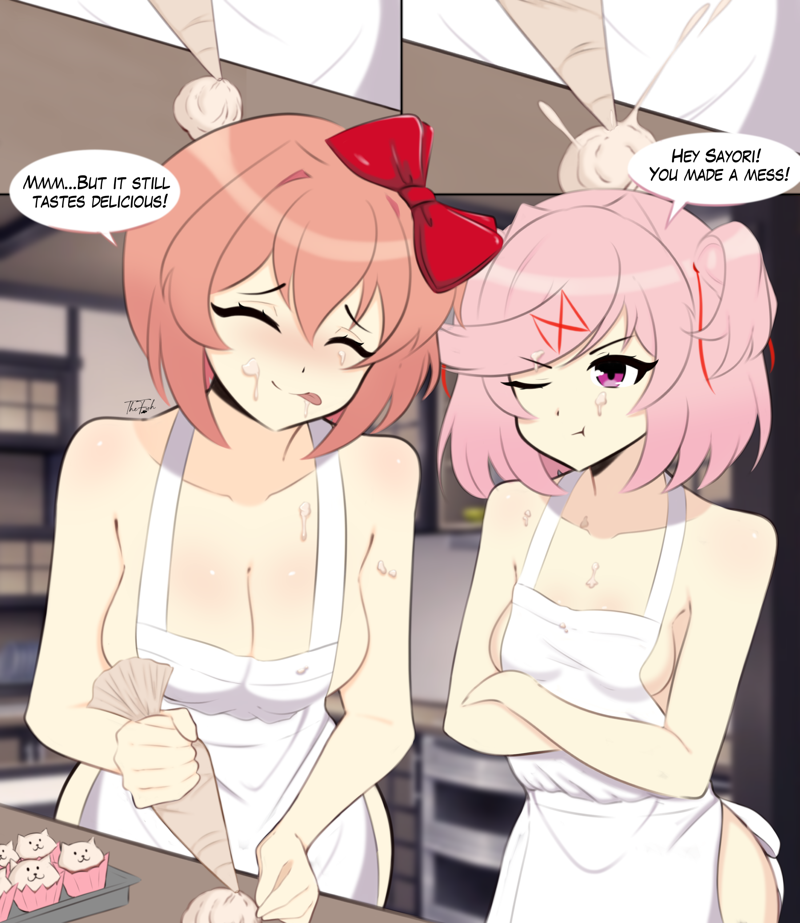2girls, apron, artist request, cooking, doki doki literature club, female, female focus, female only, naked apron, natsuki (doki doki literature club), sayori (doki doki literature club), source request, tagme, thefishart