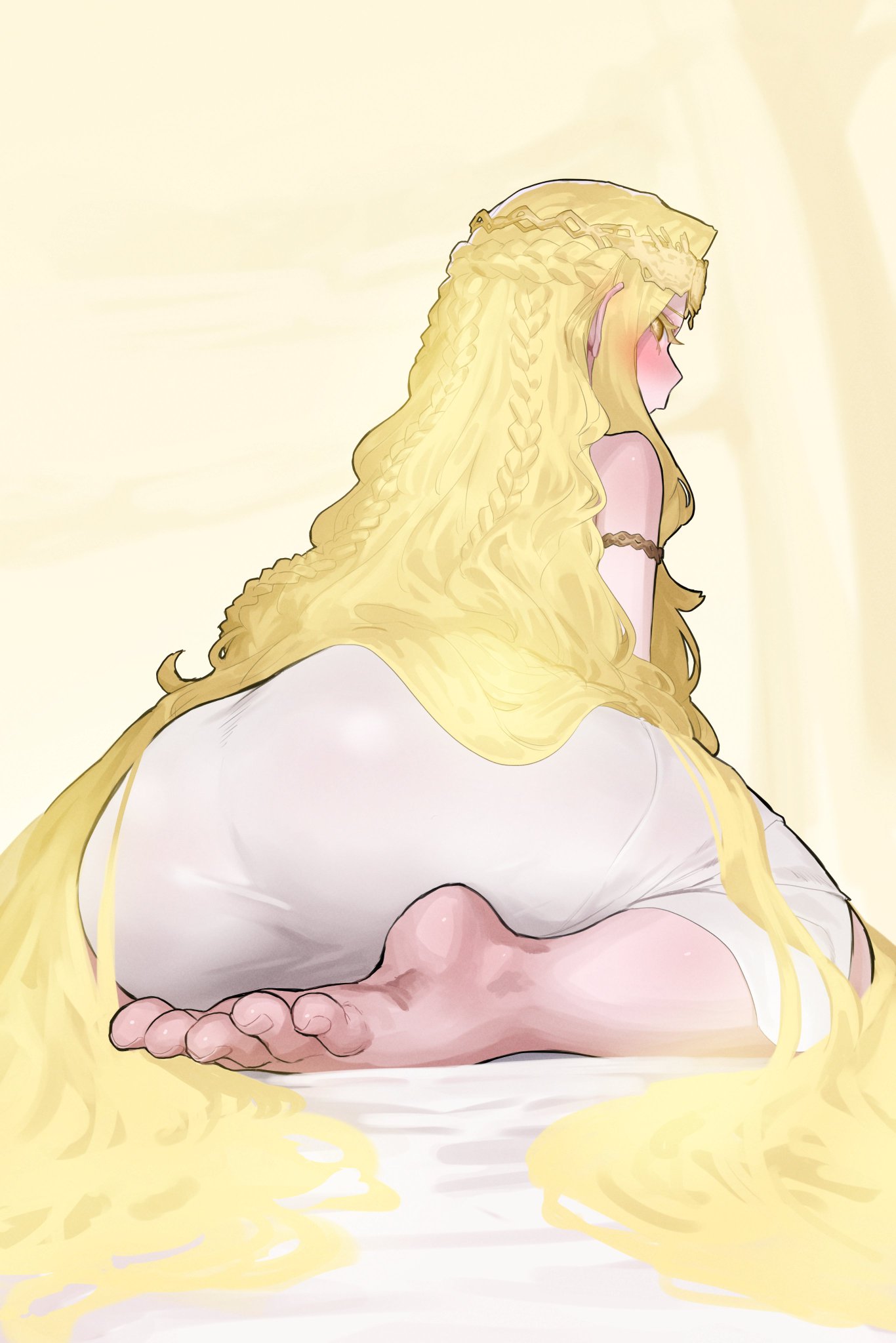 1boy, barefoot, big butt, blush, blushing male, ekrea jan, elden ring, feet, femboy, fromsoftware, miquella, miquella (elden ring), miquella the kind, see-through, see-through clothing, shadow of the erdtree, sitting, soles, toes, vurdv8a8gbgrctd