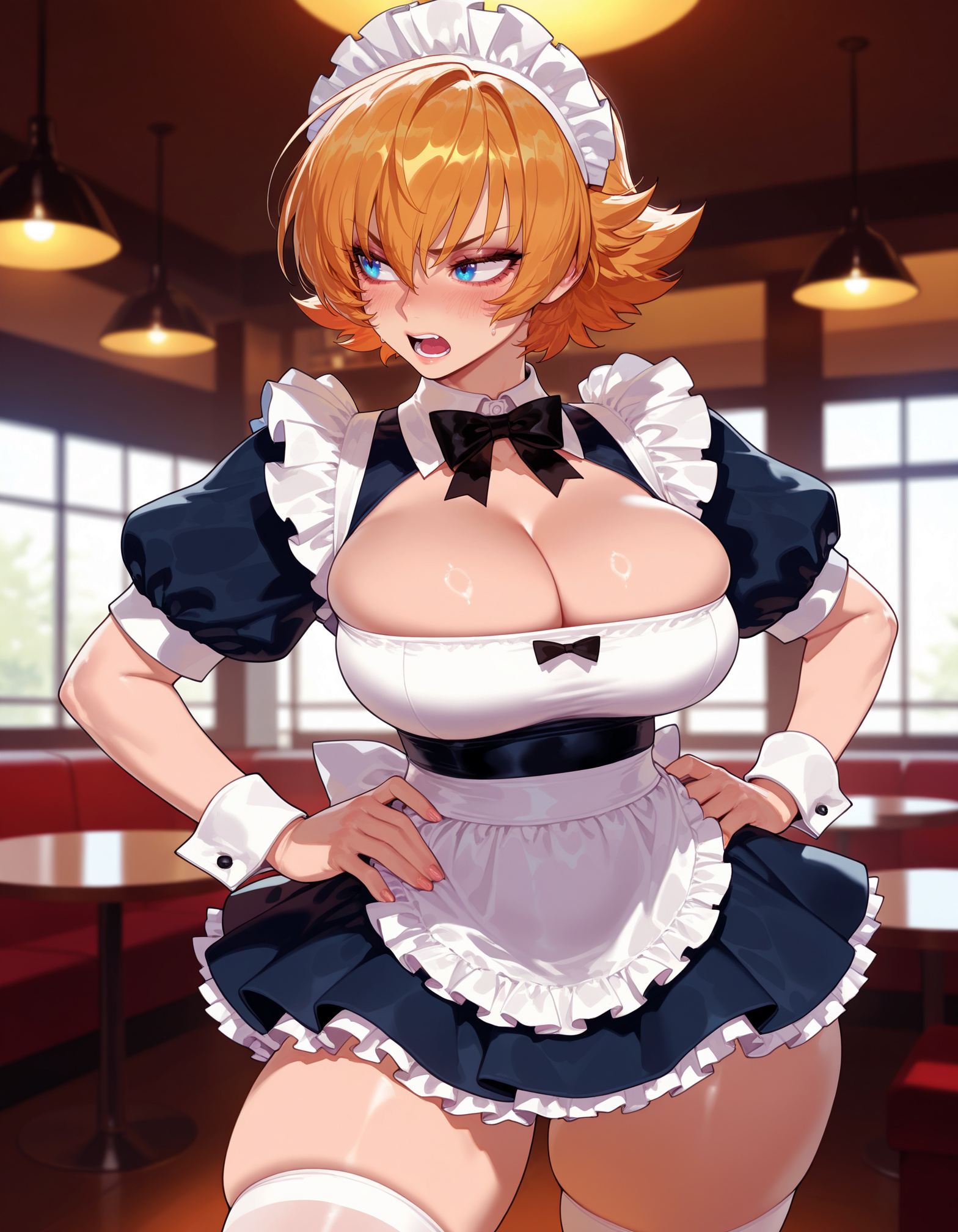 1girls, ai generated, alternate costume, apron, balecxi, black bow, black bowtie, black dress, blonde hair, blue eyes, blush, bow, bowtie, breasts, ceiling, ceiling light, cleavage, cleavage cutout, clothing, curvaceous, curvaceous female, curvaceous figure, curvy, curvy figure, dress, enmaided, female, female focus, female only, flipped hair, frilled apron, frilled dress, frills, hair between eyes, hands on own hips, headdress, headwear, igawa sakura, indoors, inviting, large breasts, legwear, looking to the side, maid, maid apron, maid headdress, open mouth, orange hair, presenting, presenting ass, presenting breasts, presenting hindquarters, presenting self, puffy short sleeves, puffy sleeves, seductive, seductive look, seductive smile, short hair, short sleeves, skindentation, solo, standing, taimanin (series), taimanin asagi, taimanin asagi battle arena, thick thighs, thighhighs, thighs, uniform, voluptuous, voluptuous female, waist apron, web address, white apron, white legwear, white thighhighs, window, wrist cuffs, zettai ryouiki