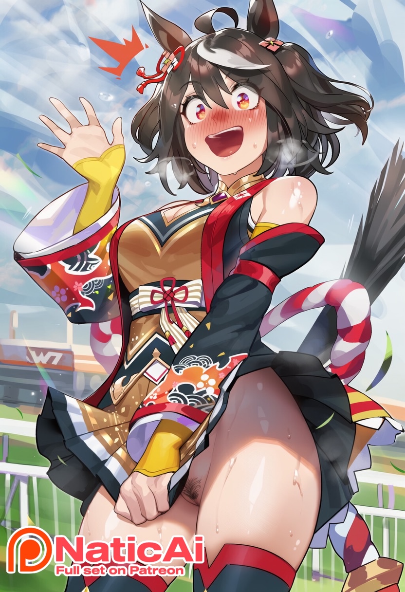 ahoge, ai generated, animal ears, armpits, big thighs, black hair, black thighhighs, blush, breasts, curves, curvy, curvy body, curvy figure, female, hair between eyes, hair ornament, horse ears, horse girl, japanese clothes, kimono, kitasan black (gilded shrine to glory) (umamusume), kitasan black (umamusume), large thighs, looking at viewer, multicolored hair, naticai, nopan, panties removed, pubic hair, pussy, red eyes, shiny skin, short hair, solo, sweat, thick thighs, thighhighs, umamusume, umamusume pretty derby, uncensored, upskirt, voluptuous, white hair, wide hips