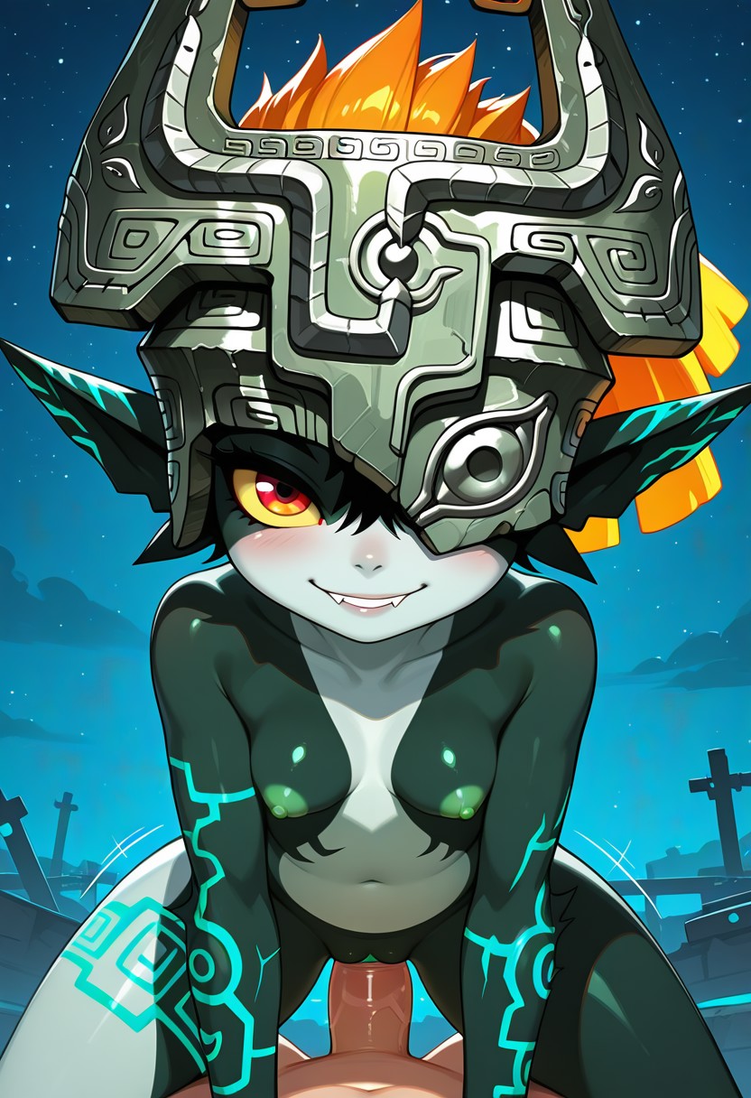 1boy, 1girls, ai generated, anguirus12345, black body, blush, body markings, breasts, cowgirl position, dominant female, domination, female, female on human, female on top, female penetrated, first person view, green nipples, green pussy, grey body, helmet, human, human on humanoid, human penetrating, human penetrating humanoid, humanoid, humanoid penetrated, imp midna, indoors, looking at viewer, male, male penetrating, male penetrating female, male penetrating humanoid, male pov, male/female, markings, midna, multicolored body, multicolored fur, navel, nintendo, one eye covered, one eye obstructed, penis, pov, pov eye contact, puffy nipples, pussy, pussy juice, red eyes, sex, short stack, shortstack, small breasts, smile, smiling, smiling at viewer, snout, straight, straight sex, submissive, submissive male, submissive pov, the legend of zelda, tongue, twilight princess, vagina, vaginal penetration, vaginal sex