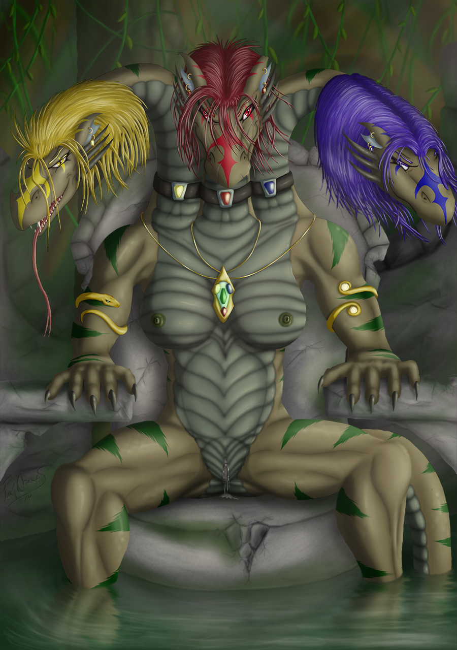 1girls 3_heads anthro areolae big_breasts breasts conjoined eye_contact fatchaos female hair half-closed_eyes hydra jewelry jungle long_neck looking_at_viewer multi_head muscular muscular_female nipples nude pussy pussy_juice scalie sitting slit smile solo tongue wet