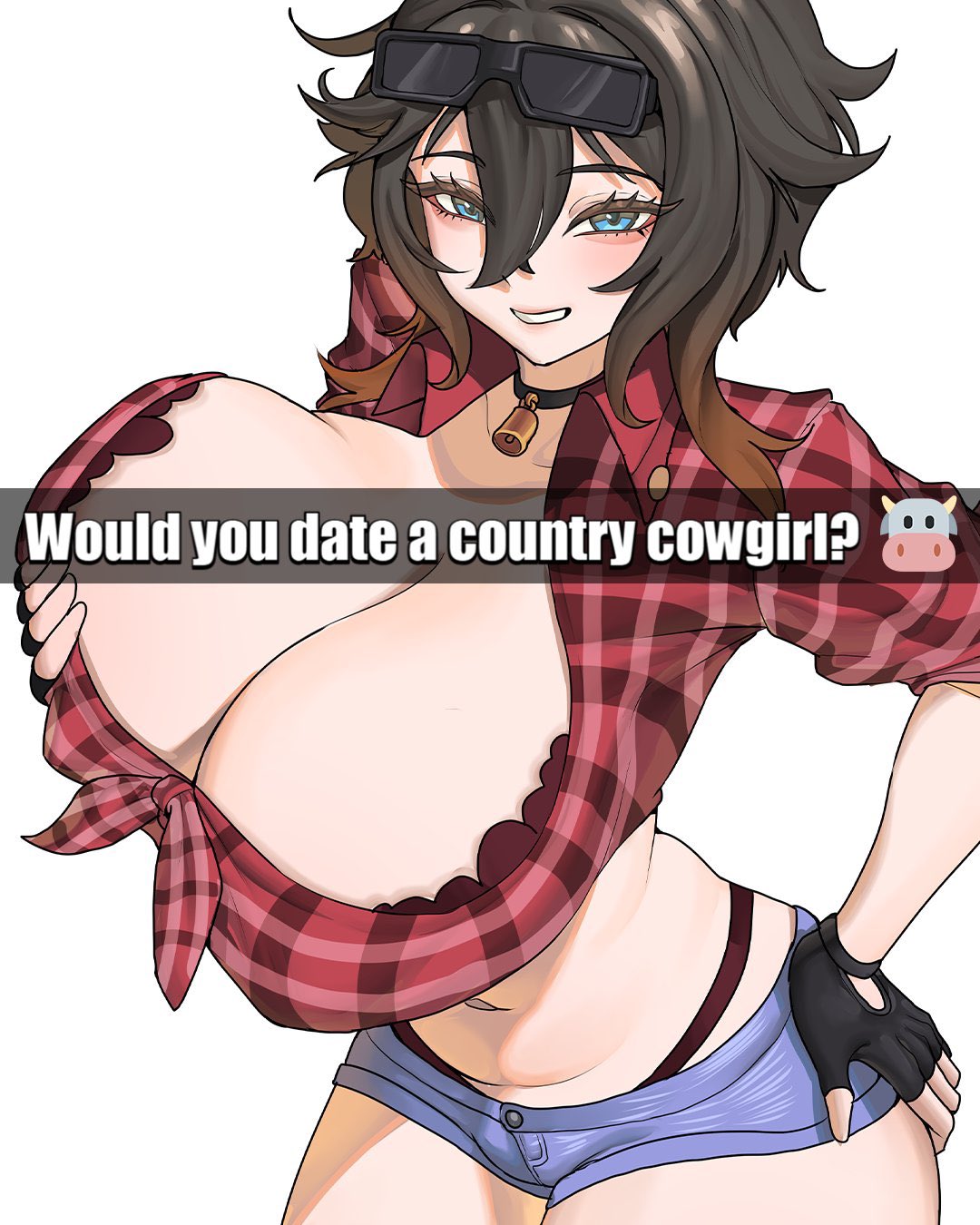 1girls, blue eyes, breasts, brown hair, english text, female, glasses, gradient hair, huge breasts, kasizil, looking at viewer, multicolored hair, original, simple background, solo, white background