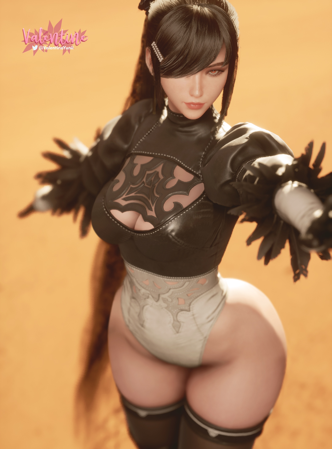 3d, crossover cosplay, eve (stellar blade), female, leotard, looking at viewer, nier: automata, selfie, solo, stellar blade, twitter username, valentineyunii, watermark, yorha 2b (cosplay)