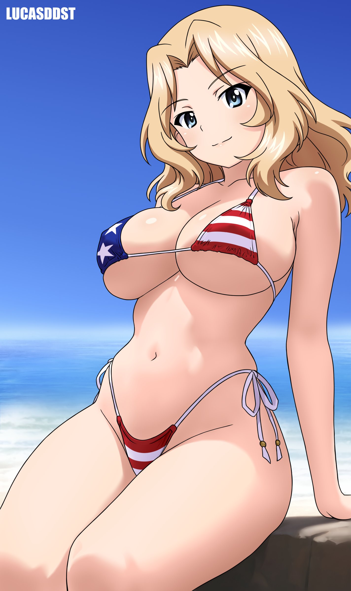 1girls, absurdres, american flag, american flag bikini, american flag print, arm support, beach, bikini, bilingual commentary, blonde hair, blue eyes, blue sky, breasts, clear sky, cleavage, collarbone, commentary, covered nipples, day, feet out of frame, female, flag bikini, flag print, flag print bikini, girls und panzer, highleg, highleg bikini, highres, kay (girls und panzer), large breasts, long hair, looking at viewer, lucasddst, mixed-language commentary, navel, ocean, outdoors, print bikini, schoolgirl, side-tie bikini bottom, sideboob, sitting, sky, smile, solo, stomach, string bikini, swimsuit, thighs, underboob