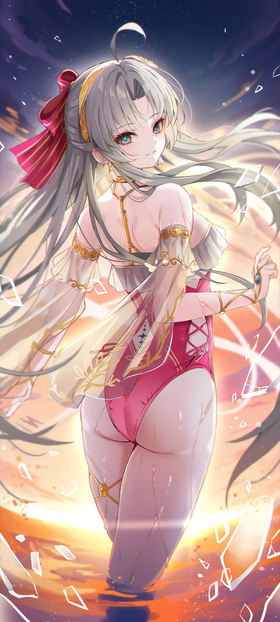 1girls, ass, ass focus, carlotta (splashing summer) (wuthering waves), carlotta (wuthering waves), green eyes, legs, long hair, official alternate costume, one piece swimsuit, red swimsuit, white hair, wuthering waves