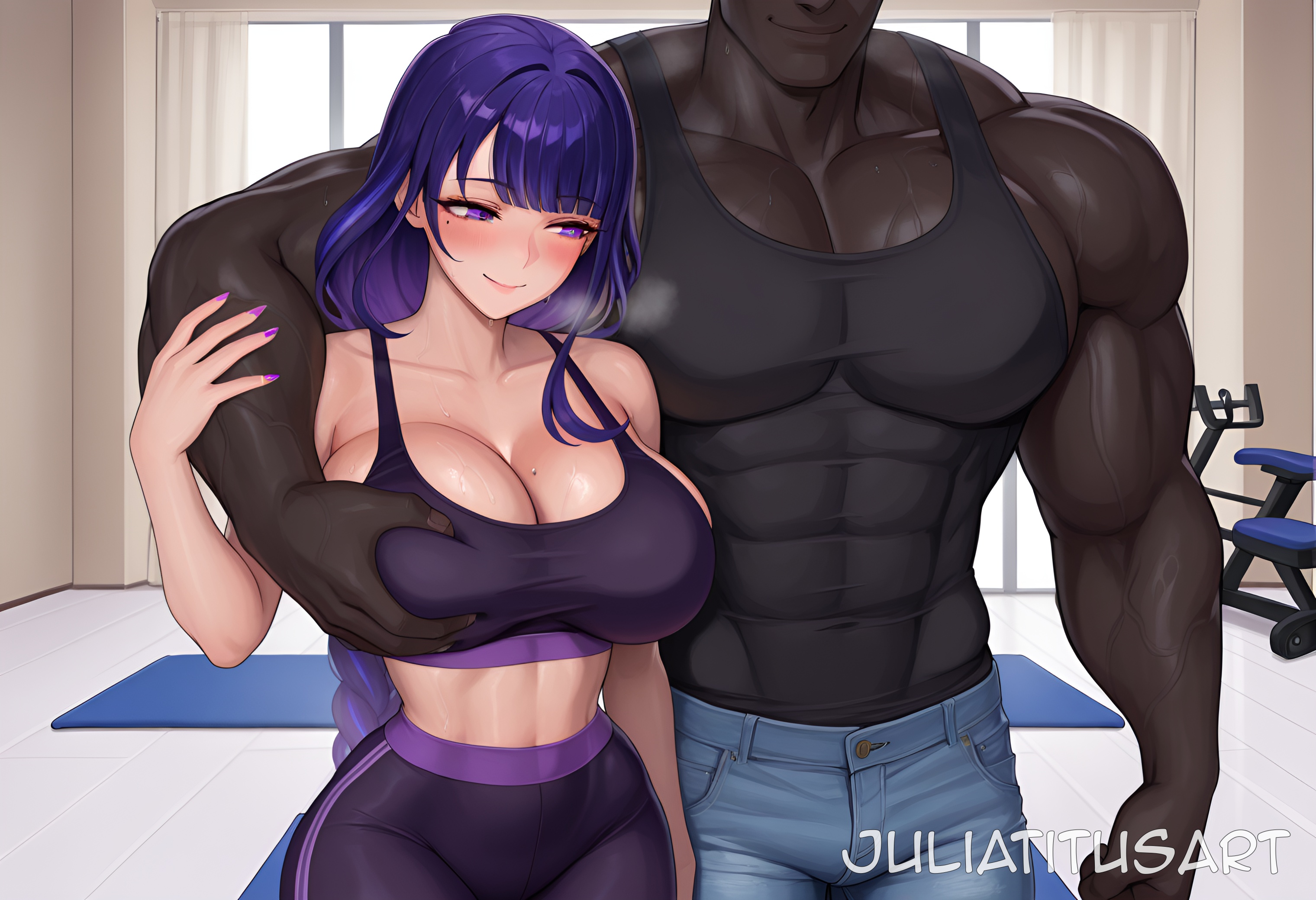 1boy, abs, ai generated, alternate costume, artist name, bangs, bare shoulders, biceps, blue pants, blunt bangs, blush, braid, braided ponytail, breast grab, breasts, cleavage, closed mouth, collarbone, cowboy shot, curtains, dark skin, dark-skinned male, denim, dumbbell, exercise, female, generic dark-skinned-muscular male, grabbing, grabbing from behind, groping, gym, head out of frame, heavy breathing, indoors, interracial, jeans, juliatitusart, large breasts, long hair, looking to the side, midriff, mole, mole on breast, mole under eye, muscular, muscular male, nail polish, pants, pectorals, purple eyes, purple hair, purple nails, raiden shogun, shiny, skin tight, smile, sports bra, straight, sweat, tank top, tight, tight pants, veins, veiny arms, very long hair, window, yoga pants