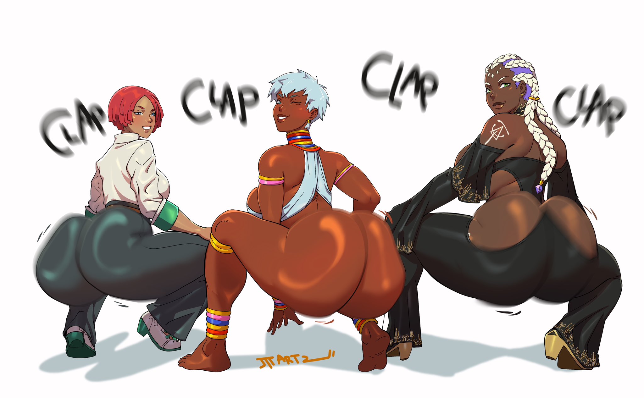 2d, 2d (artwork), 3girls, african, african female, armwear, ass, ass clapping, ass cleavage, ass focus, ass shake, ass to ass, backboob, barefoot, between ass, big ass, big breasts, black pants, blue eyes, bodypaint, bottomwear, bouncing ass, braid, braided hair, bubble ass, bubble butt, busty, busty female, chocolate girl, clap, clapping ass, clapping cheeks, clothed, clothed female, crossover, dark skin, dark-skinned female, dat ass, detached sleeves, dolores (kof), dress, duo, ear piercing, earrings, ebony, ebony female, elena (street fighter), english, english text, fat ass, feet, female, female only, footwear, from behind, giovanna (guilty gear), green eyes, guilty gear, hair, huge ass, huge breasts, jiggle, jtt artz, king of fighters, legwear, lips, long hair, looking at viewer, looking back, motion blur, motion lines, onomatopoeia, panties, pants, purple hair, red hair, shaking ass, shirt, shoes, short hair, smile, snk, squatting, street fighter, street fighter iii, tan, tan body, tan skin, tan-skinned female, tattoo, tattoo on shoulder, text, thick, thick ass, thick lips, tongue out, topwear, twerking, two-tone hair, voluptuous, voluptuous female, white background, white eyes, white hair, white shirt, wide hips