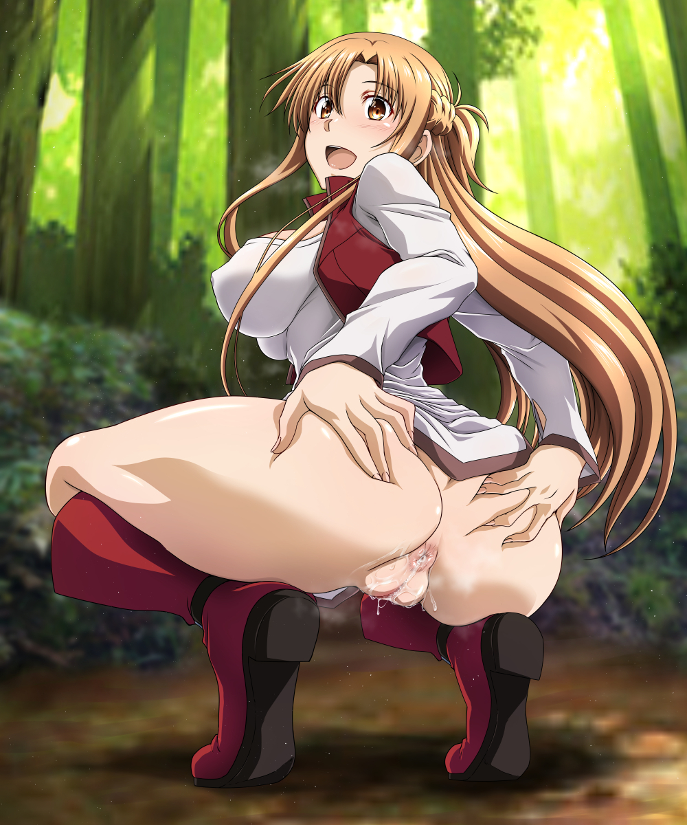 1girls blush boots breasts clothing explorador_sei female grabbing_ass grabbing_own_ass large_breasts long_hair looking_at_viewer no_panties no_underwear orange_eyes orange_hair outdoors outside pussy red_boots red_vest shirt sword_art_online vest wet wet_pussy white_shirt yuuki_asuna