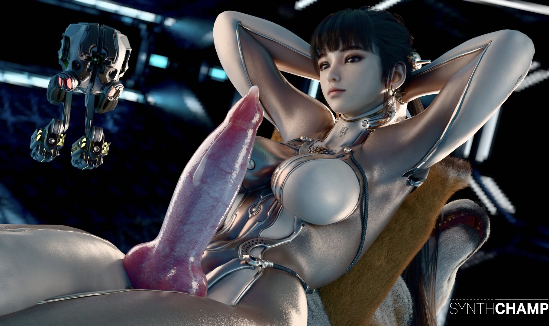 2025, arms behind head, asian, asian female, bangs, big penis, black hair, bodysuit, breasts, canid, canine, canine on human, canine penis, canis, covered breasts, cum, domestic dog, eve (stellar blade), female, female on feral, female on top, feral, feral on female, feral on human, human on feral, knot, large penis, leaking cum, light skin, light-skinned female, looking at penis, male, male on bottom, pale skin, pale-skinned female, penis, robot, skin tight, space, stellar blade, synthchamp, thighs, tight clothes, tight clothing, veiny penis, zoophilia
