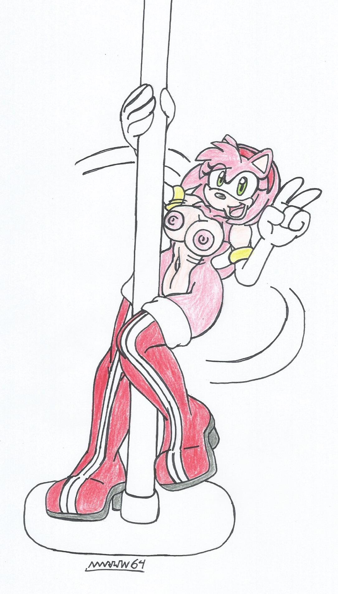 amy_rose big_breasts big_hips furry green_eyes looking_at_viewer marlon64 naked_boots naked_female naked_gloves pink_body pink_fur pink_hair pole_dance pole_dancing solo_female sonic_(series) traditional_drawing_(artwork) v_sign white_background