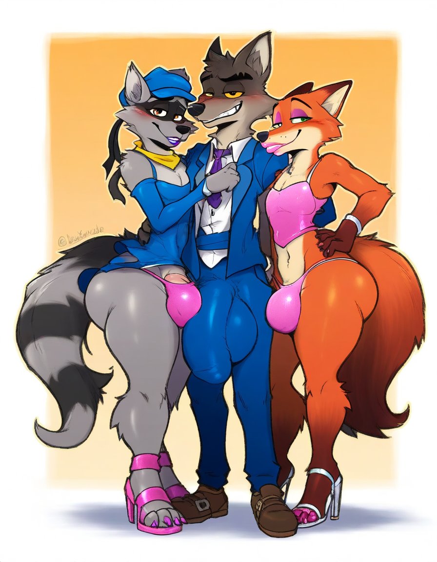 3boys ai ai_generated big_balls big_bulge big_butt big_dick big_penis blush blushing_male bubble_butt bulge disney femboy feminine_male gay high_heels huge_balls huge_cock male/male/male male_only mr._wolf_(the_bad_guys) nick_wilde sly_cooper sly_cooper_(series) the_bad_guys thiccglitch thong zootopia