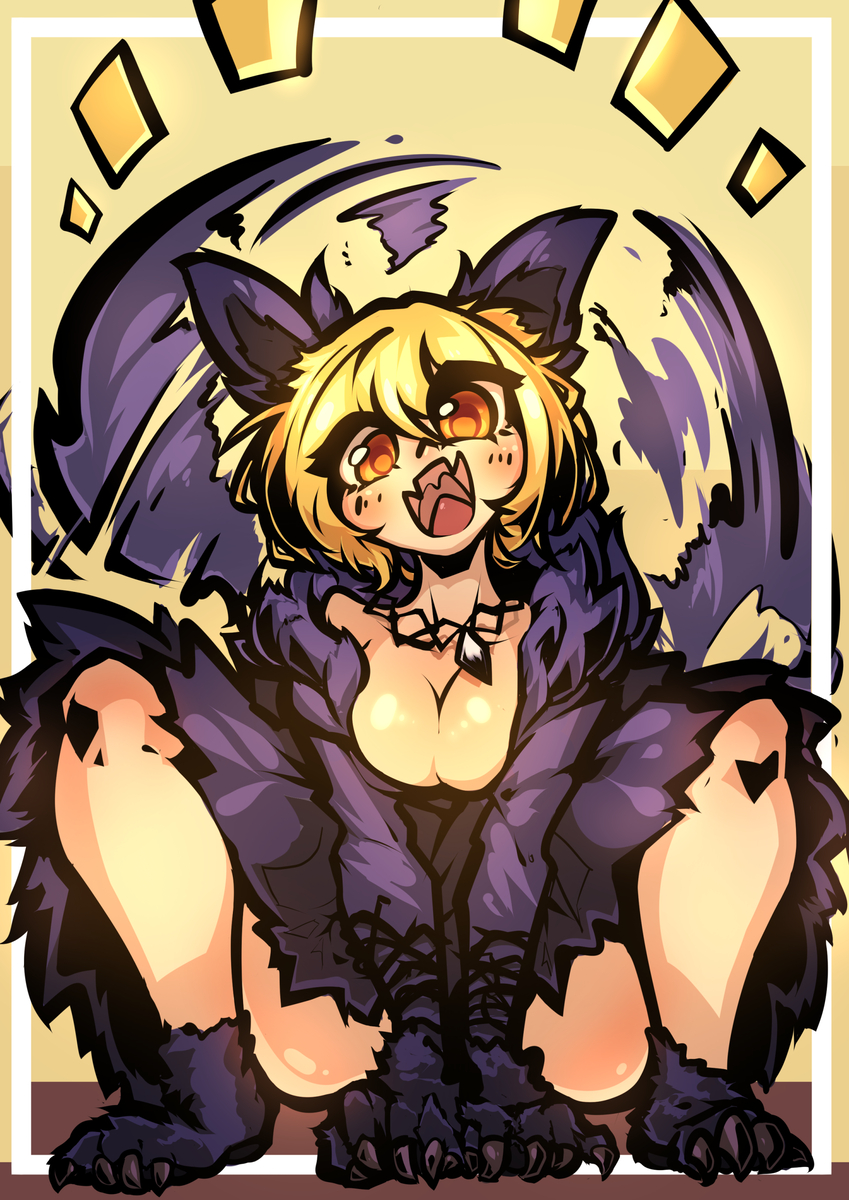 animal_ears ass breasts_squeezed_together crouching don_quixote_(limbus_company) dress limbus_company no_penetration open_mouth paws project_moon purple_fur short_hair squeezing_breasts_together wagging_tail wolf_ears wolf_girl wolf_tail yaubingowo yellow_background yellow_hair