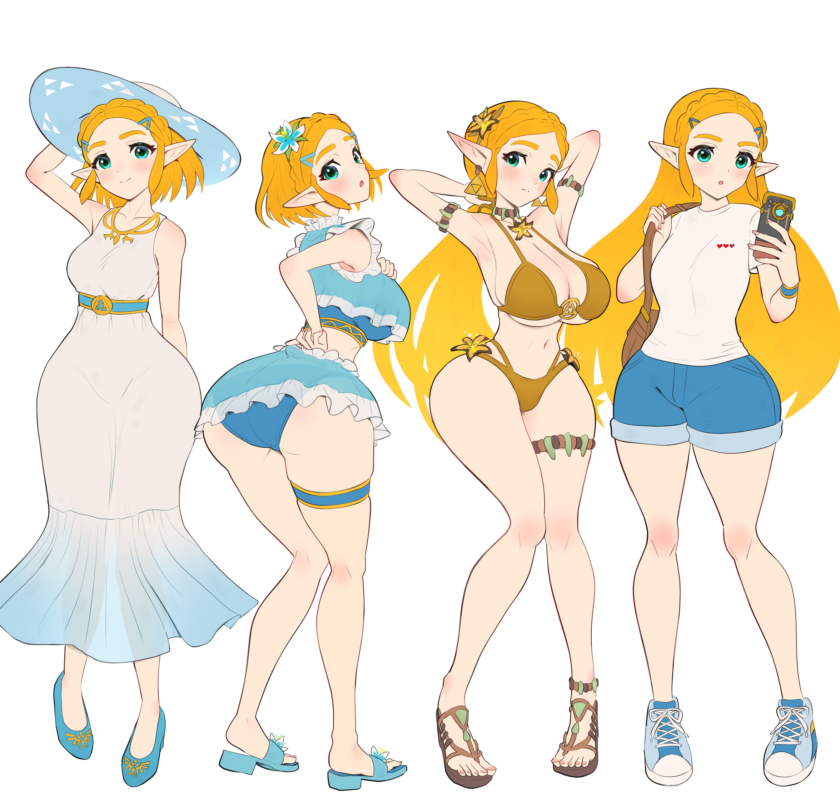 1girls, 2024, absurdres, ass, ass focus, blonde hair, blush, breasts, breath of the wild, cleavage, clothing, dress, ear piercing, earrings, female, female only, flower, gonzarez, green eyes, hair flower, hair ornament, hairclip, hat, highres, jpeg, large breasts, long hair, looking at viewer, multiple outfits, multiple poses, nintendo, phone, pointy ears, princess zelda, sandals, shirt, short hair, sneakers, solo, summer, swimsuit, tears of the kingdom, the legend of zelda, white background, wide hips, zelda (breath of the wild), zelda (tears of the kingdom)