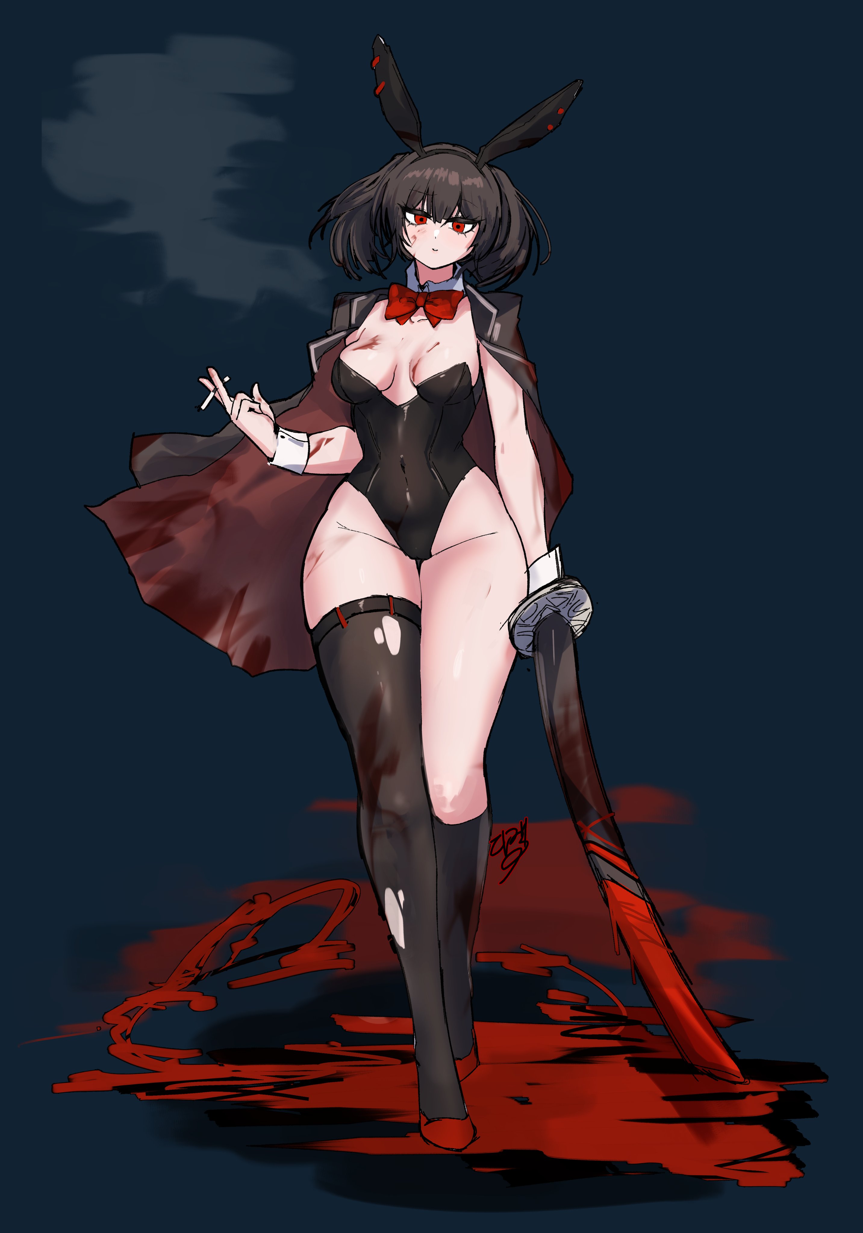 1girls, blood, bunny ears, bunnysuit, clothing, corset, female, female only, limbus company, project moon, ryoshu (limbus company), torn clothes