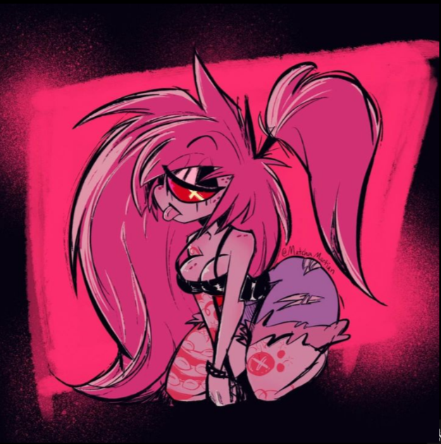 :p big_ass big_breasts black_topwear blep booty_shorts cherri_bomb_(hazbin_hotel) cropped_image demon demon_girl fluffy_hair hazbin_hotel on_knees one_eye pale-skinned_female pale_skin pink_eyes removed_watermark simple_background tattoo thick_thighs tongue_out vivienne_medrano vivziepop wayward_martian