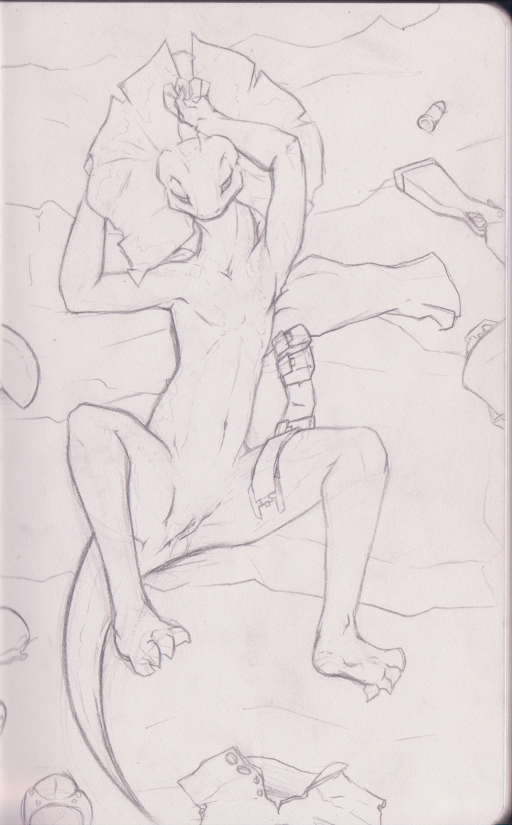 2014 anthro anus clitoris female flat_chested lizard lying nude on_back pussy pussy_juice reptile scalie sildre sketch solo spread_legs spreading