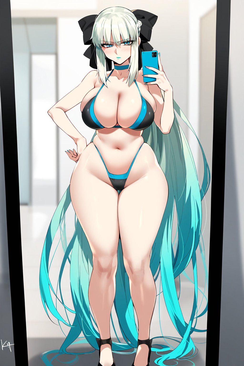 ai generated, bikini, fate (series), female, leo over heaven, mirror selfie, morgan le fay (fate)