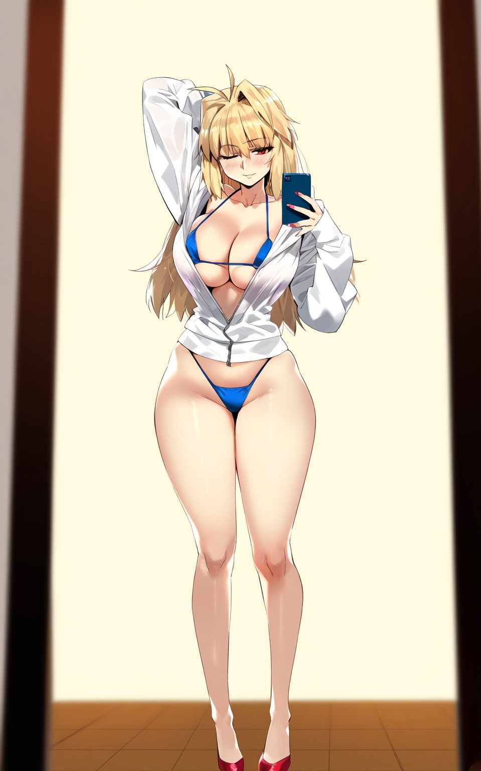 ai generated, archetype earth, arcueid brunestud, bikini, button down shirt, female, leo over heaven, mirror selfie, tsukihime, vampire, vampire girl