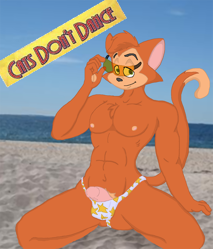 1boy abs anthro beach bulge cats_don't_dance cheesecaked danny_(cats_don't_dance) eyewear feline fur glasses hair male male_only mammal muscles orange_fur outside pecs penis pinup pose presenting seaside solo warner_brothers water