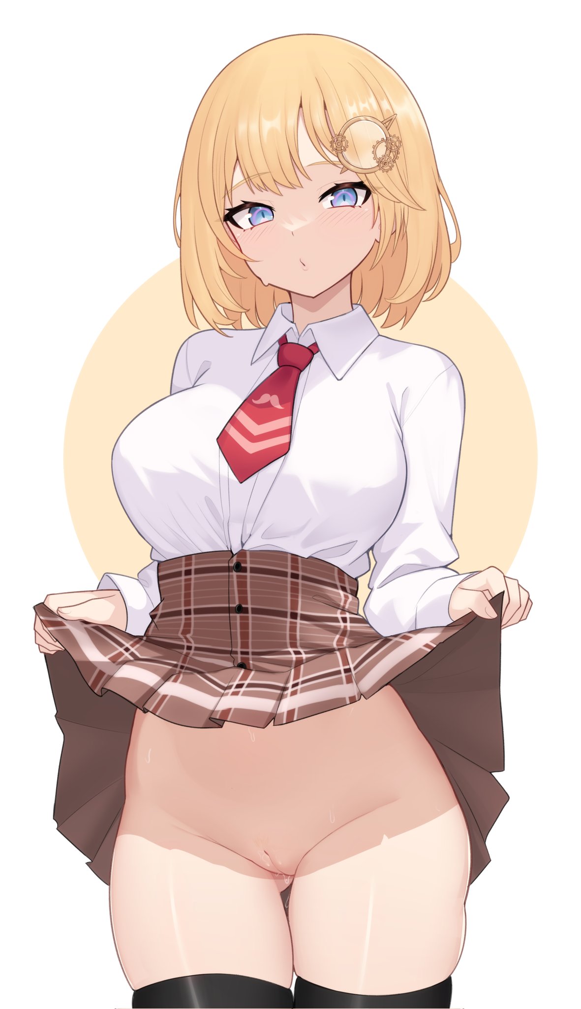 blonde_hair blouse hololive hololive_english hololive_myth lifting_skirt moursho presenting presenting_pussy shaved_pussy shirt short_hair solo solo_female thick_thighs thigh_highs tie virtual_youtuber watson_amelia