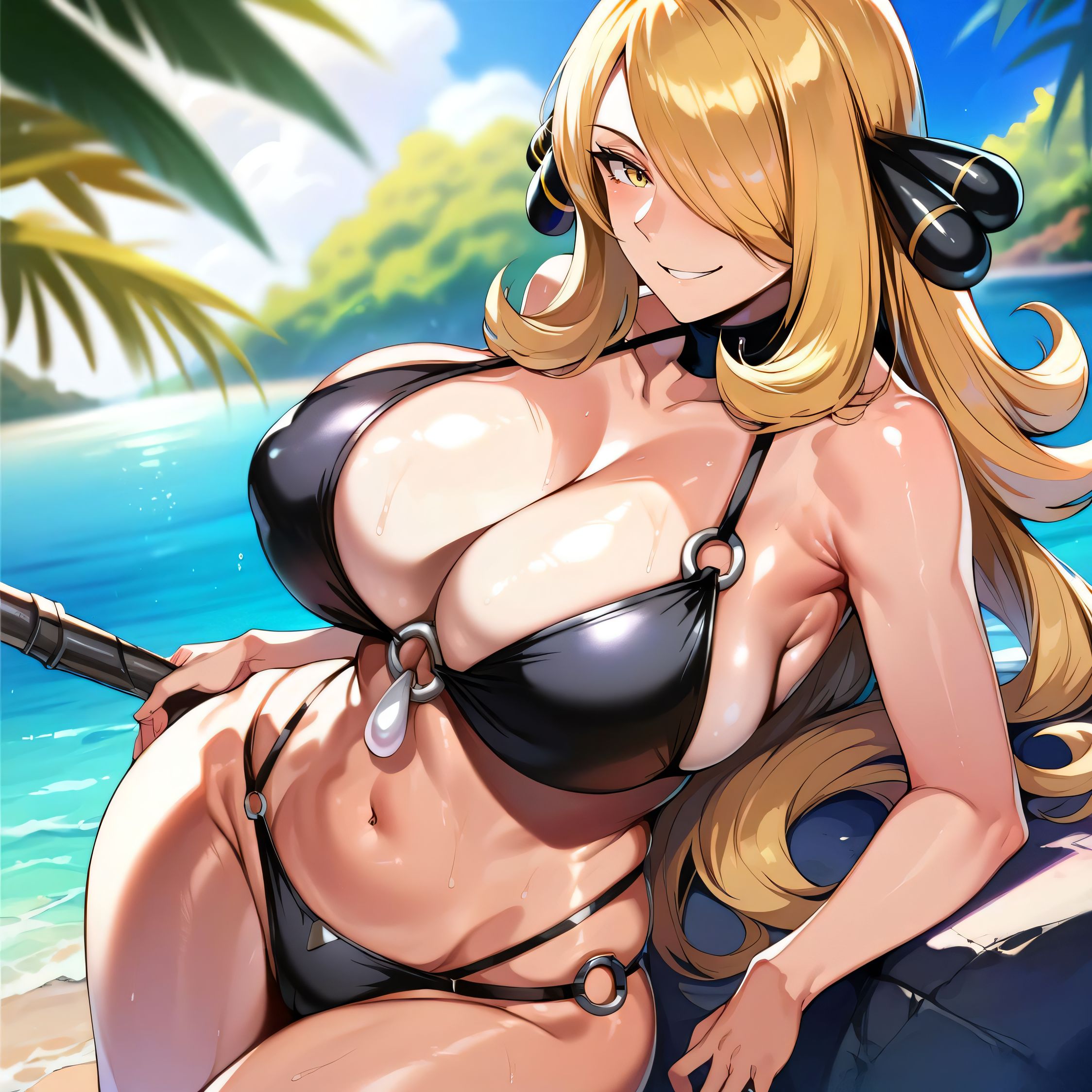 1girls, ai generated, alternate breast size, big breasts, bikini, breasts, breasts bigger than head, busty, curvaceous, curvy, curvy body, curvy female, curvy figure, cynthia (pokemon), female, huge breasts, large breasts, nipples, pokemon, sweat, sweating, sweaty, sweaty body, sweaty breasts, swimwear, thick thighs, thighs, venus body