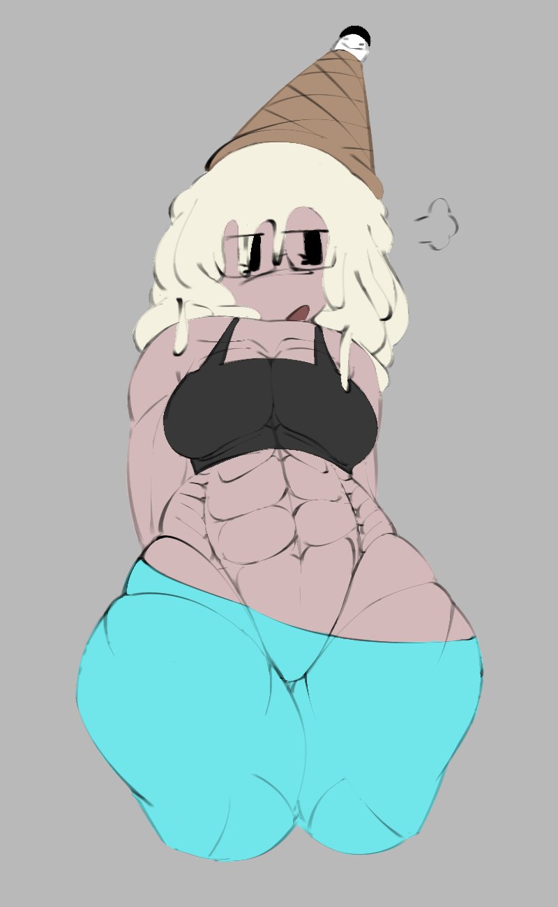 118o8, 1girls, abs, annoyed, annoyed expression, artist request, black eyes, blue pants, breasts, female, forsaken (roblox), guest (roblox), ice cream, ice cream hair, midriff, muscle mommy, muscular, muscular female, roblox, roblox game, robloxian, solo, tagme, tank top, waist up
