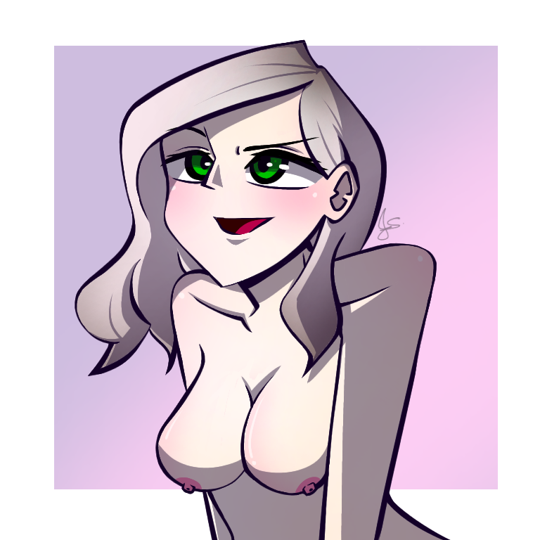 1girls artist_signature big_breasts blush female green_eyes joseiishere naked pyrocynical silver_hair simple_background skinny smug tagme