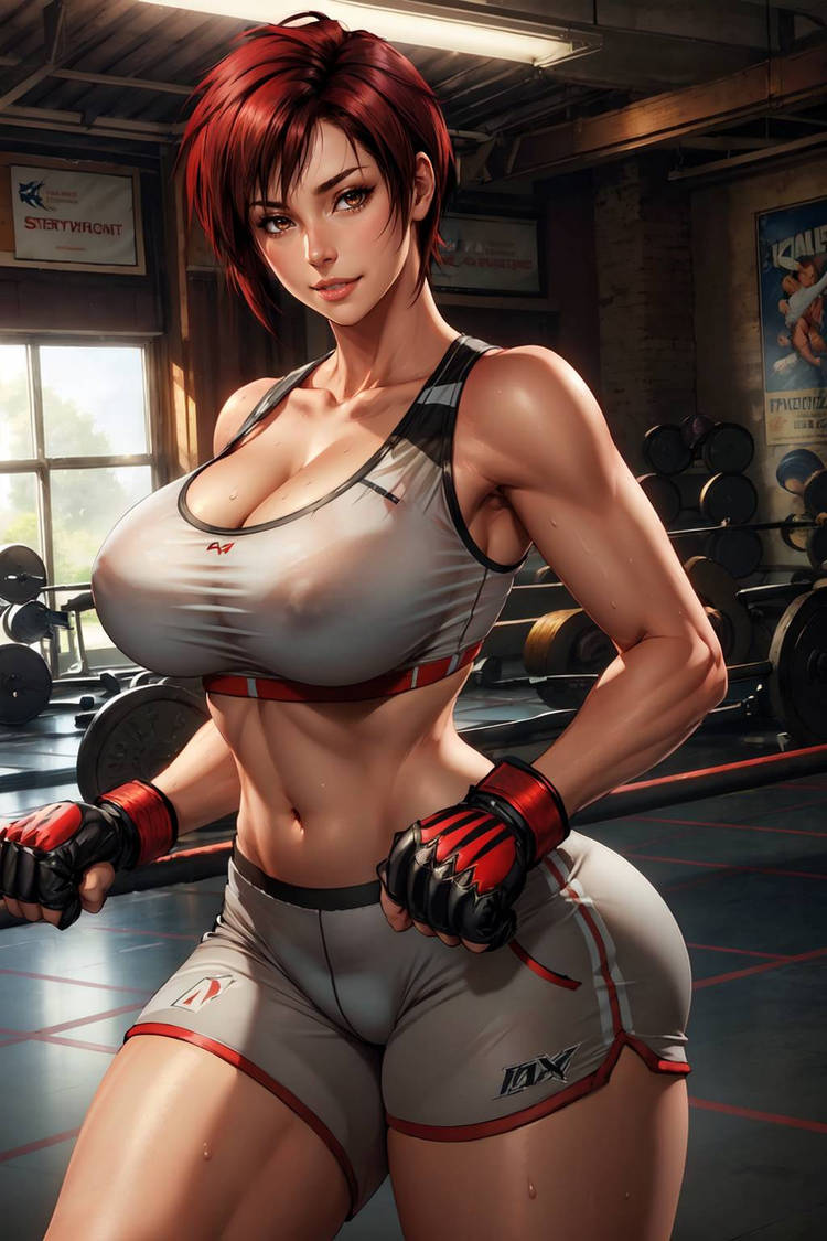 ai_generated big_breasts breasts cameltoe cleavage dead_or_alive hips lunerae mature_female mila_(doa) red_hair thick_thighs thighs white_skin yellow_eyes