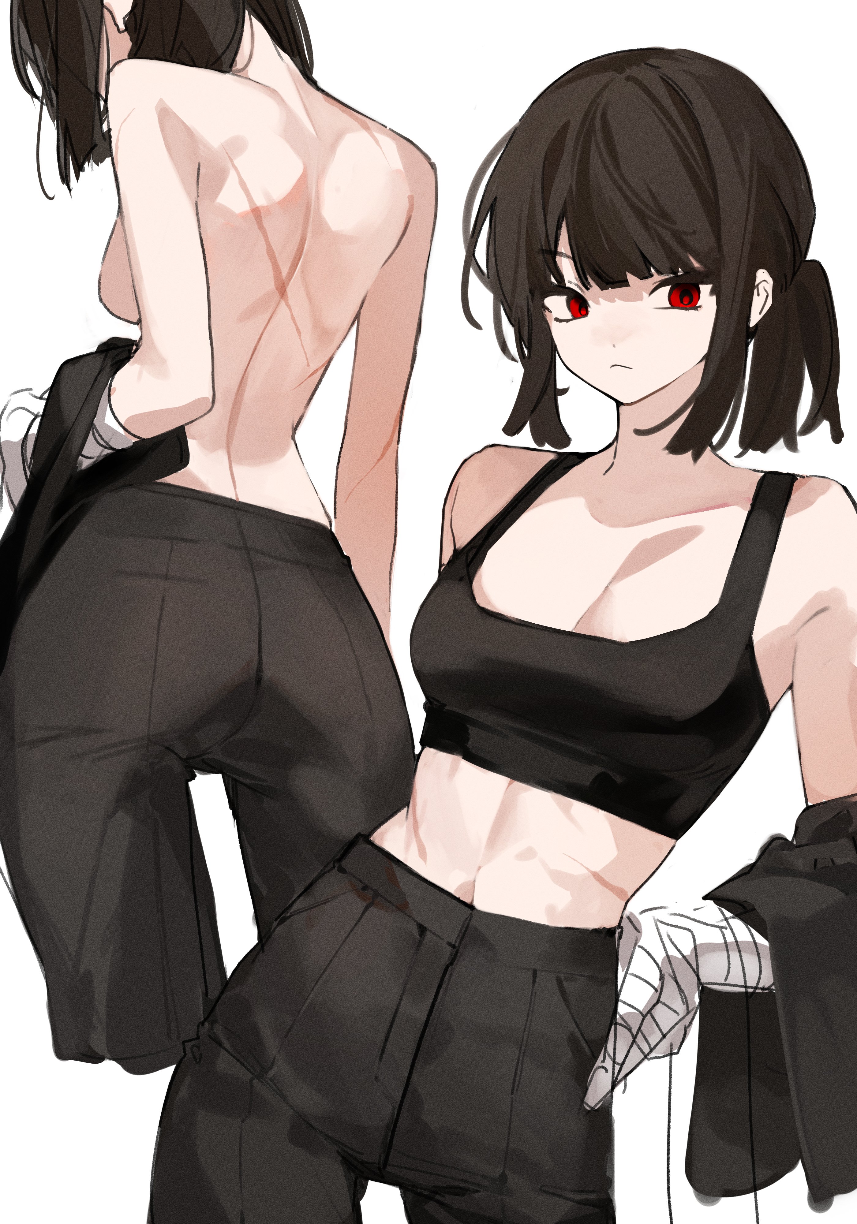1girls, black hair, clothing, crop top, female, limbus company, project moon, red eyes, ryoshu (limbus company), scar, short hair, topless, topless female